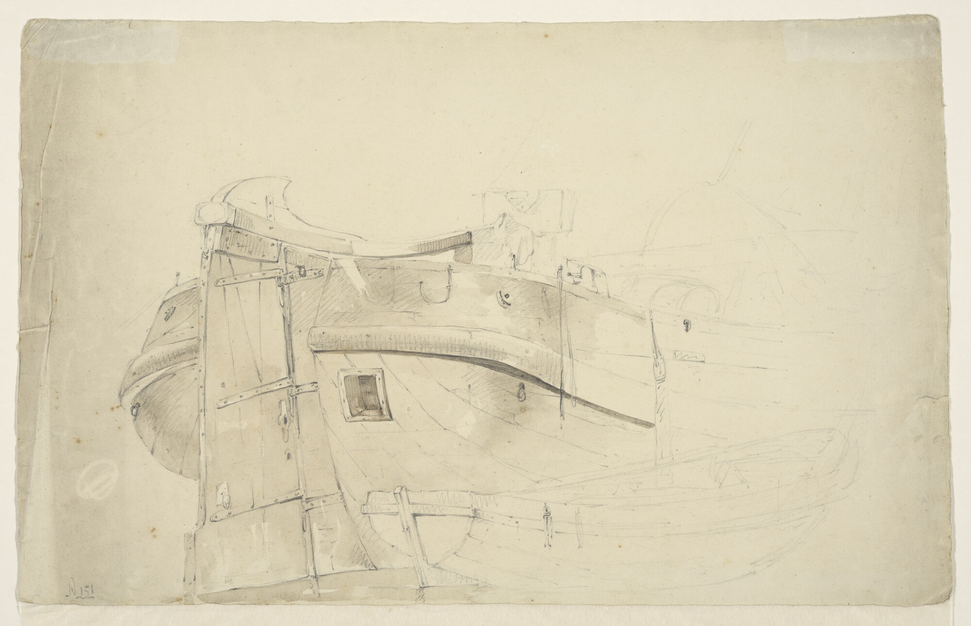 A.0151(110) [nr 0002]; Het achterschip van een tjalk, met een boot langszij; tekening