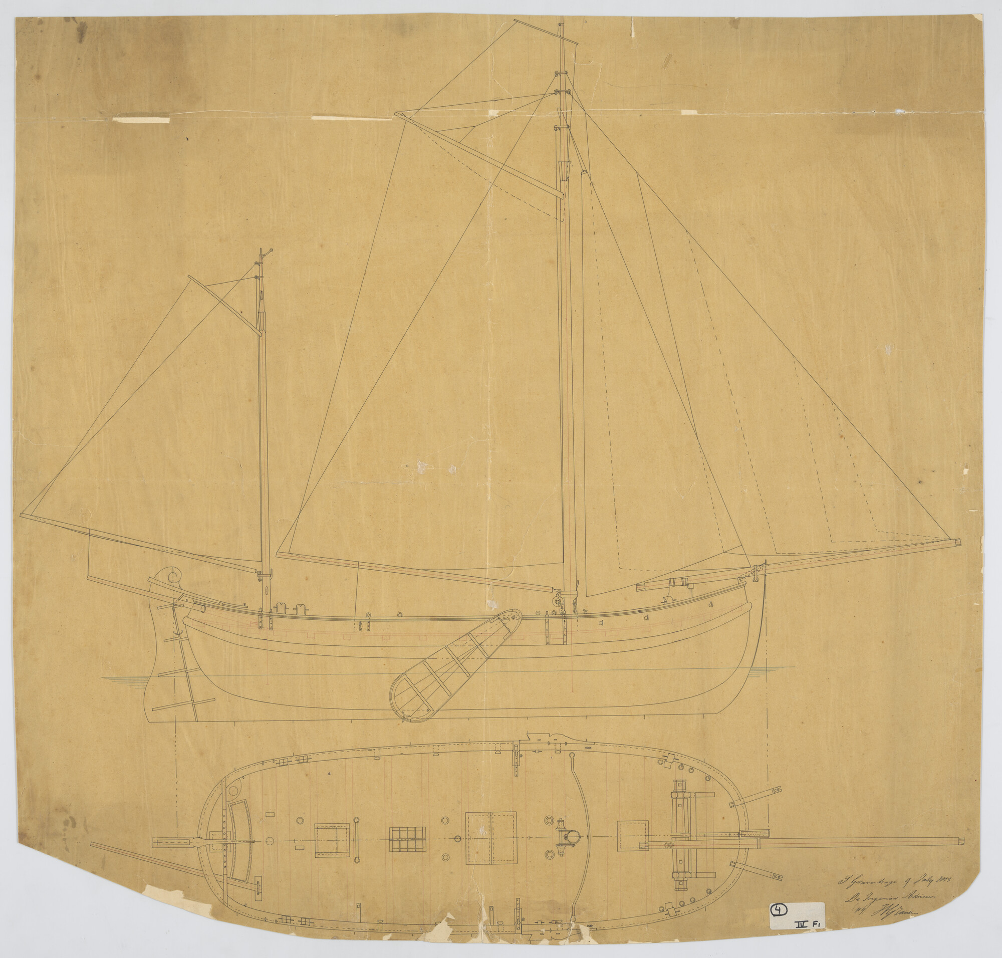S.0247(51); Loodsrinkelaar. Zijaanzicht, tuigplan, dekplan, Loodsrinkelaar, 1853; technische tekening