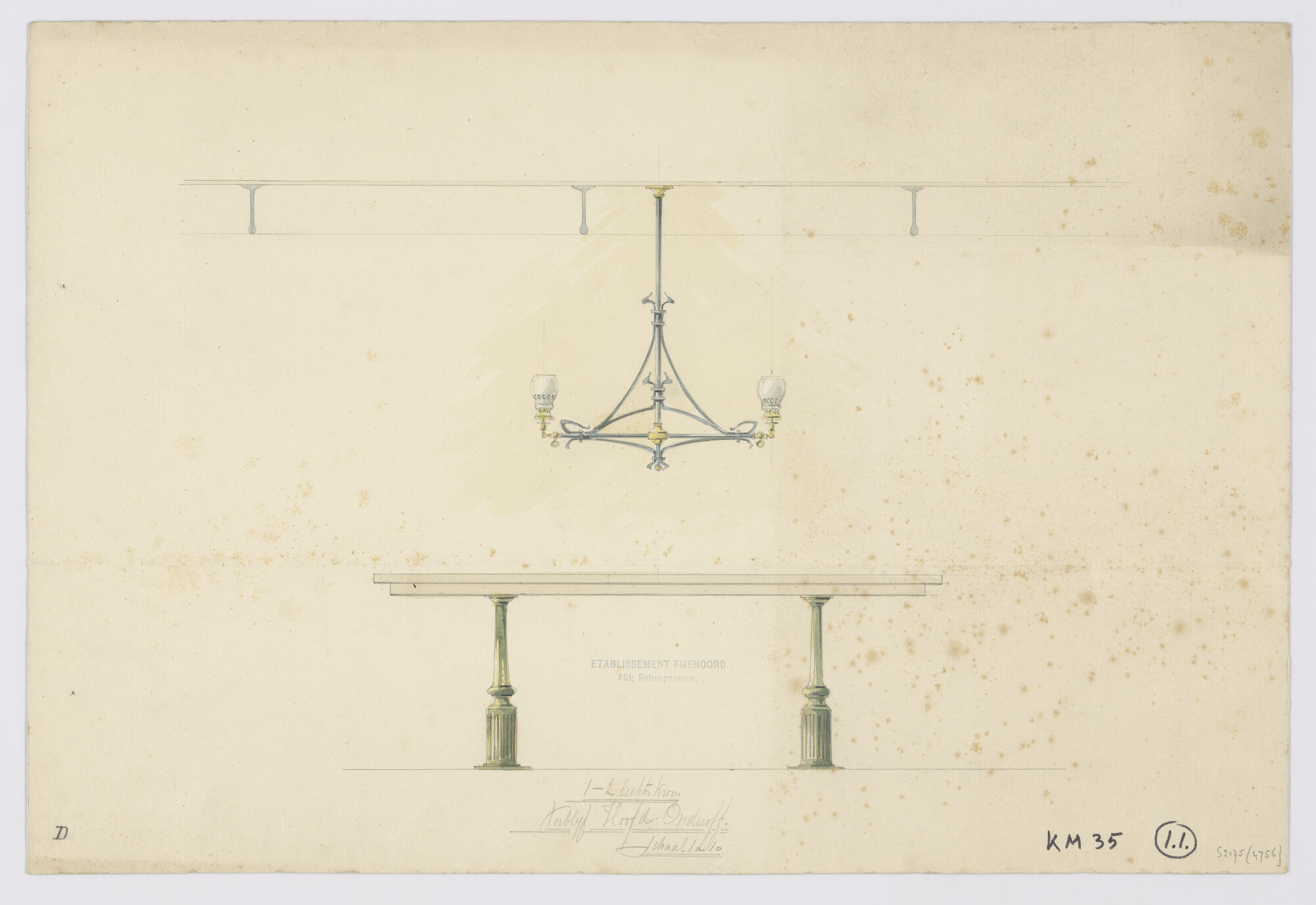 S.2175(4756); Ontwerp tafel met lichtkroon; technische tekening