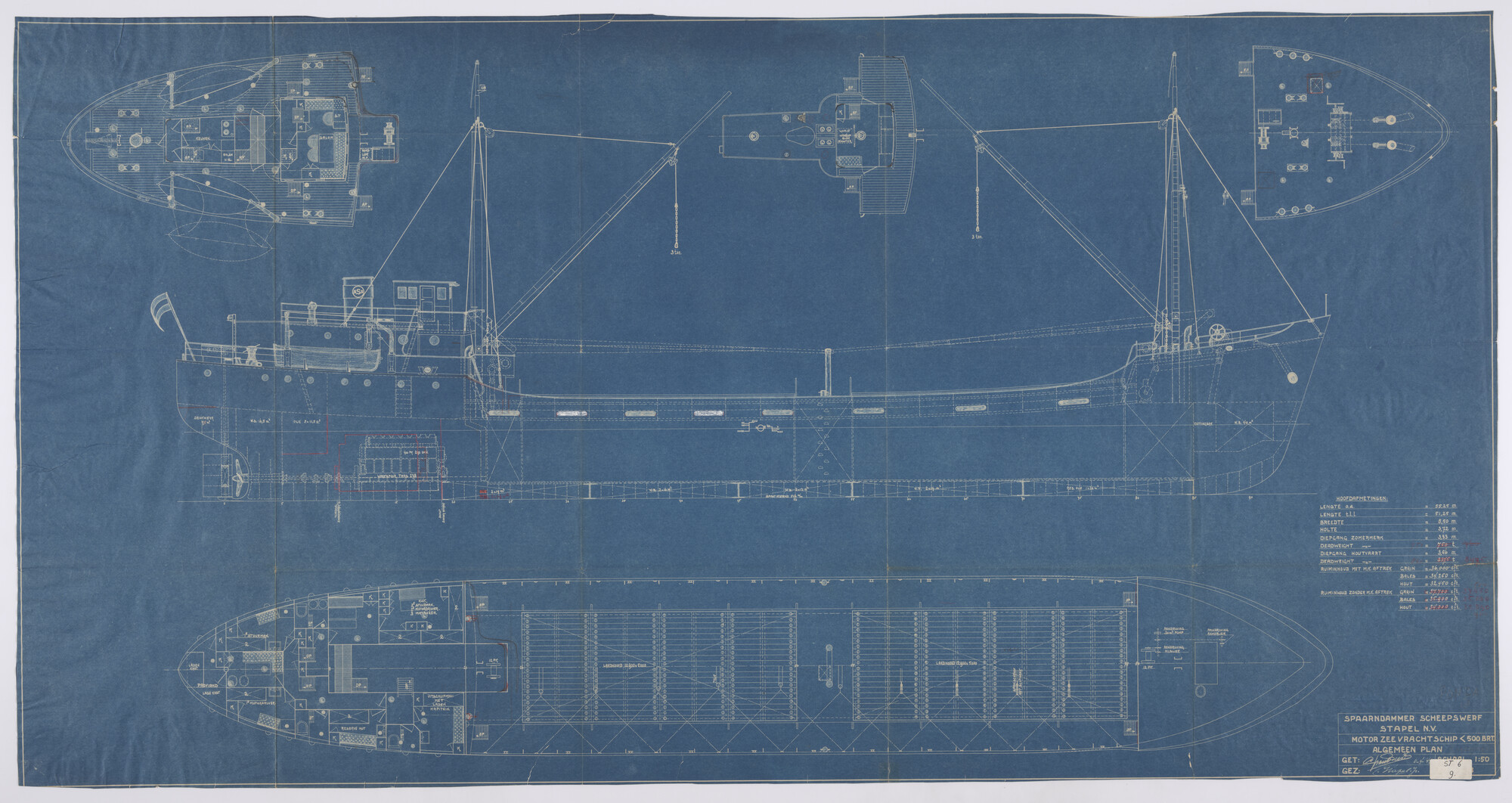 S.4827(0487); Algemeen plan van de coaster ms. Ponza, ontwerp Zaanlandsche Scheepsbouw Maatschappij, 1942; technische tekening