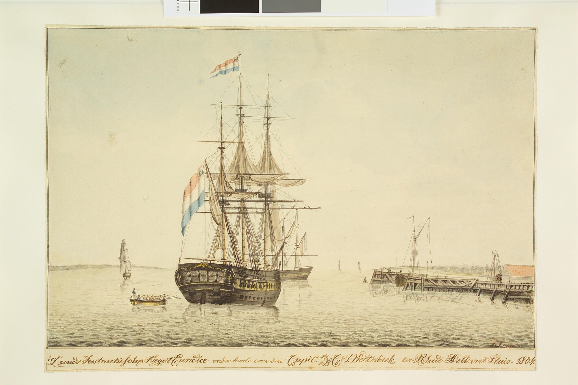 S.1277(01)17; Het instructieschip Zr.Ms. 'Euridice' ter rede van Hellevoetsluis, 1804; tekening