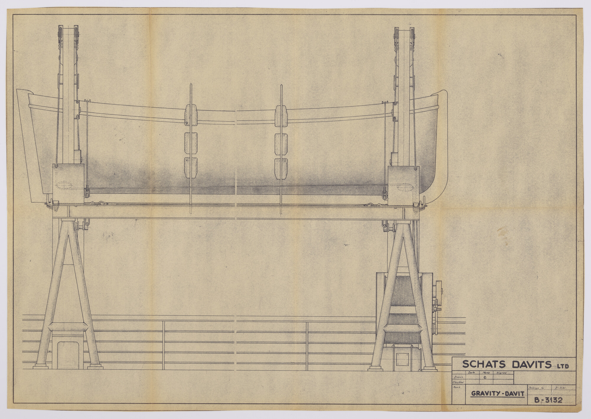2015.5204; Gravity Davit (zwaartekracht davit) Schat-Patent; technische tekening