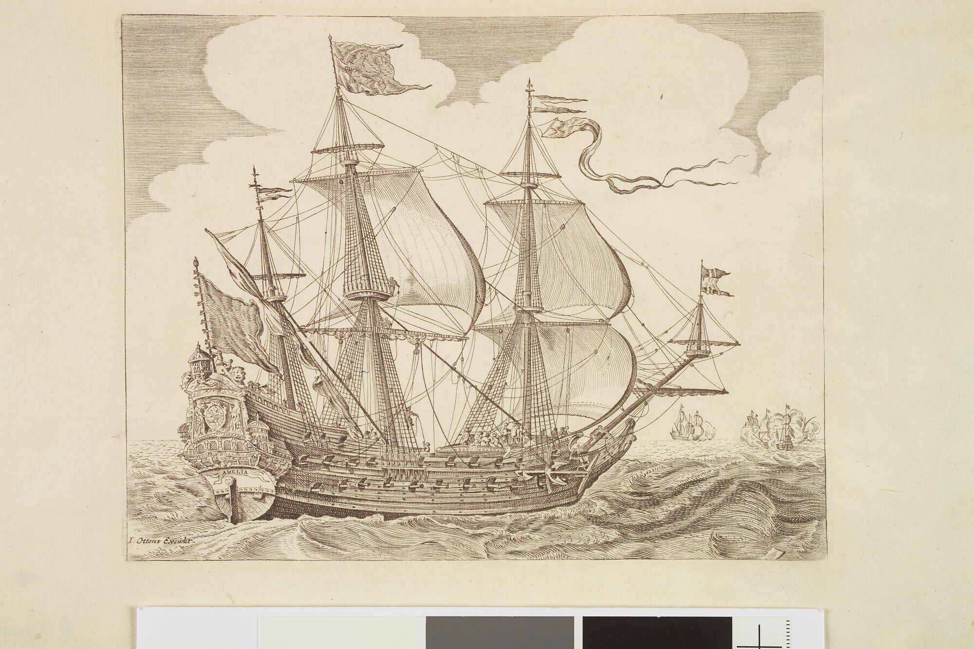 A.3994; Het fregatschip Aemilia; prent