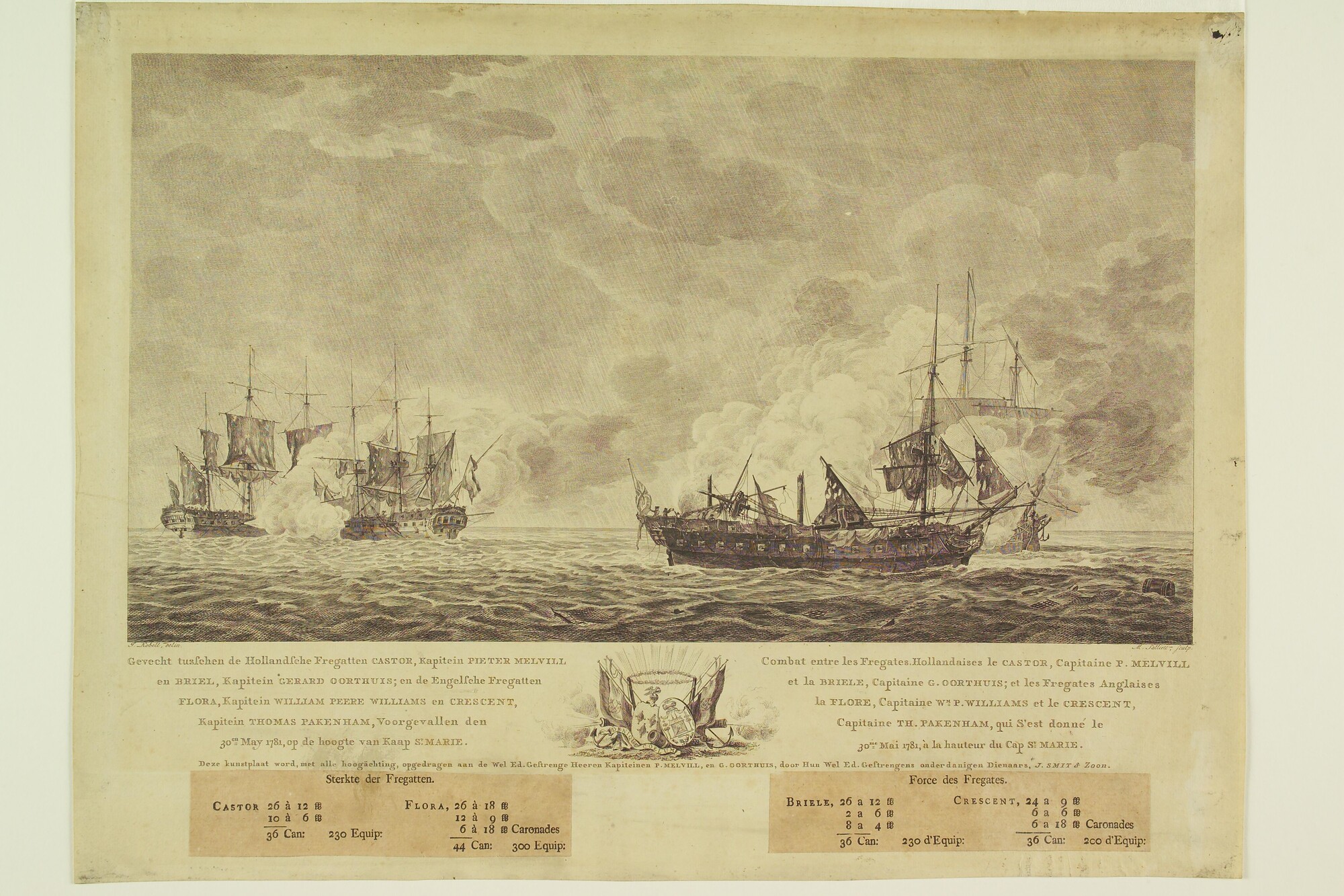 A.0477(02)1; Gevecht tussen de Hollandse fregatten 'Castor' en 'Briel' en de Engelse; prent