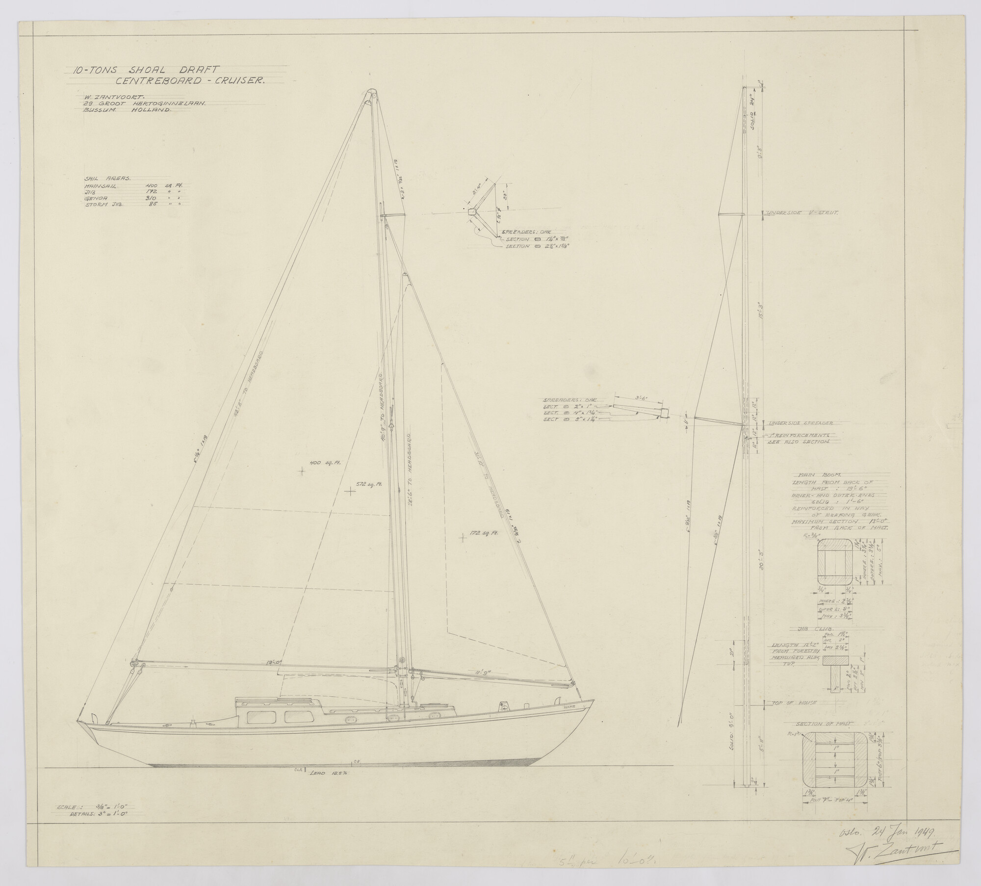 2013.0910; Zeilplan van een houten 10-tons shoal draft centreboard cruiser van 37'-7" (11.455 meter); technische tekening