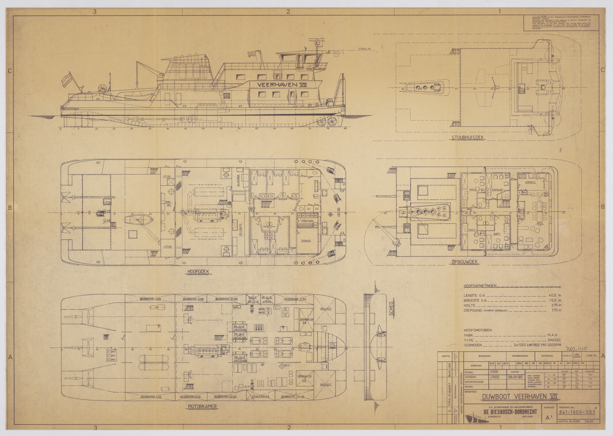 2003.1110; Algemeen plan van de duwboot Veerhaven VII; technische tekening