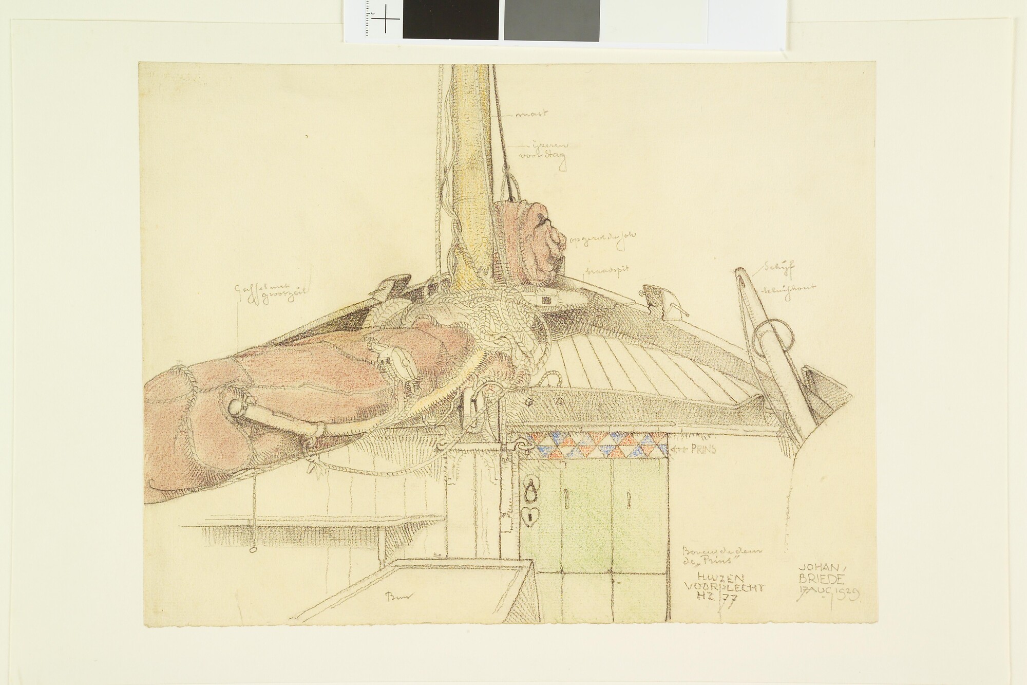 S.2334 [nr 0003]; De voorplecht van de Huizer botter 'HZ 77'; tekening
