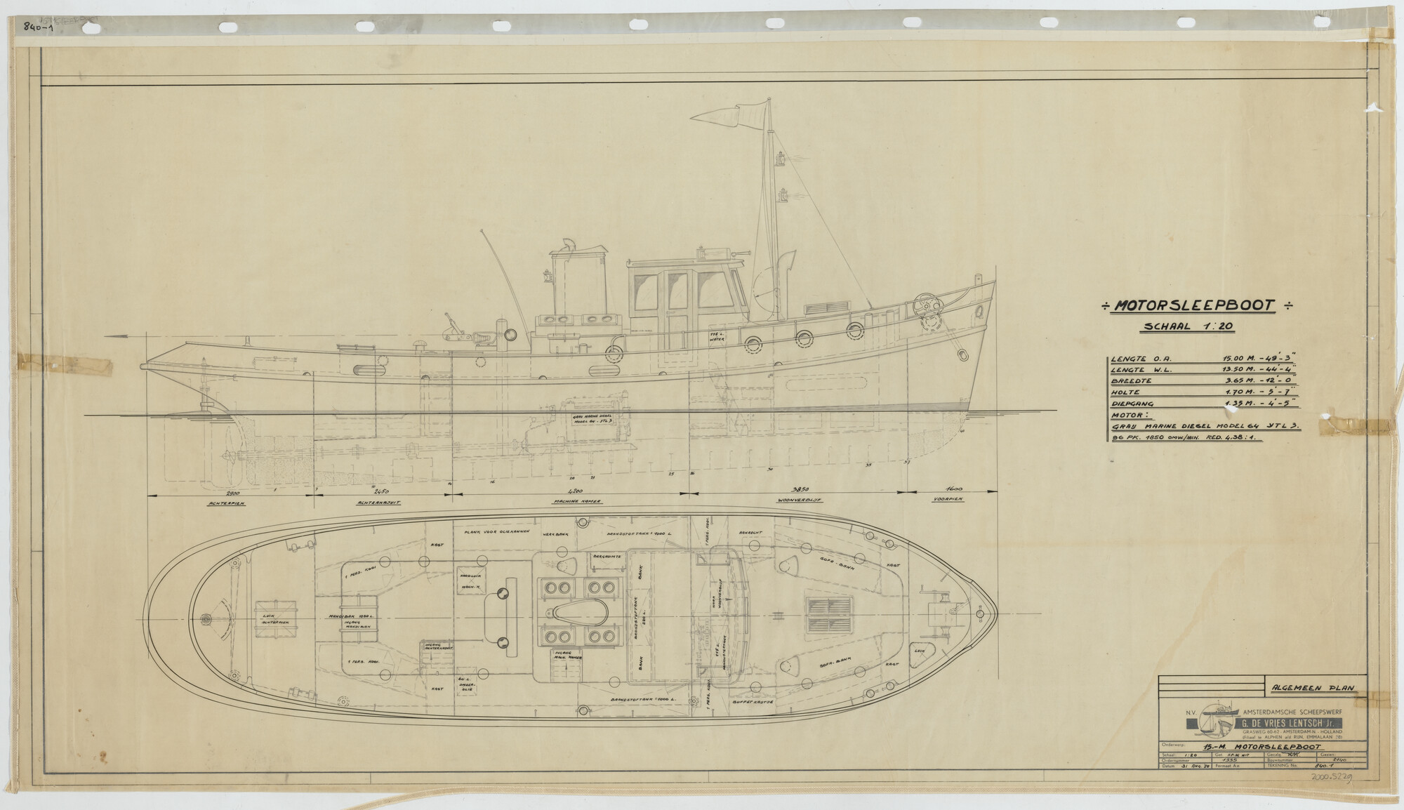 2000.5229; Algemeen- en inrichtingsplan van een motorsleepboot; technische tekening