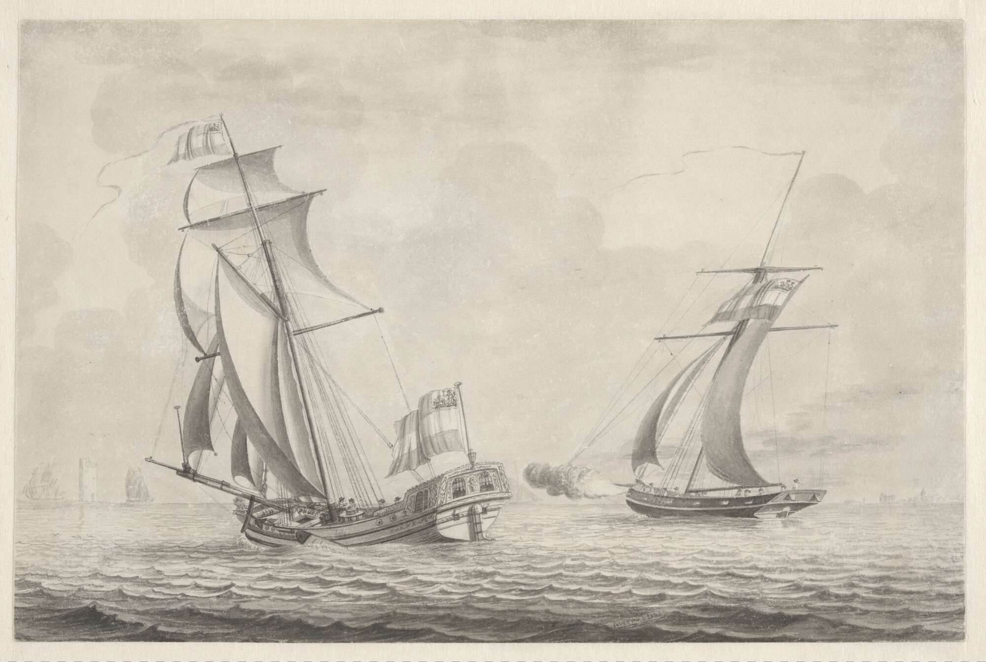 S.4189; Een admiraliteitsjacht en een oorlogskotter, zeilende met ruime wind en de Bataafse vlag voerende; tekening