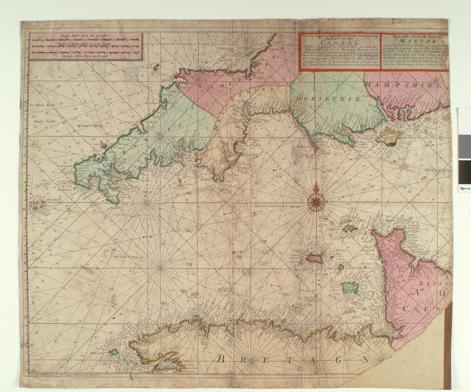 S.0429(02); Met de hand gekleurde kaart van Het Kanaal, samengesteld door Christoffel Middagten (1659 - 1723); zeekaart