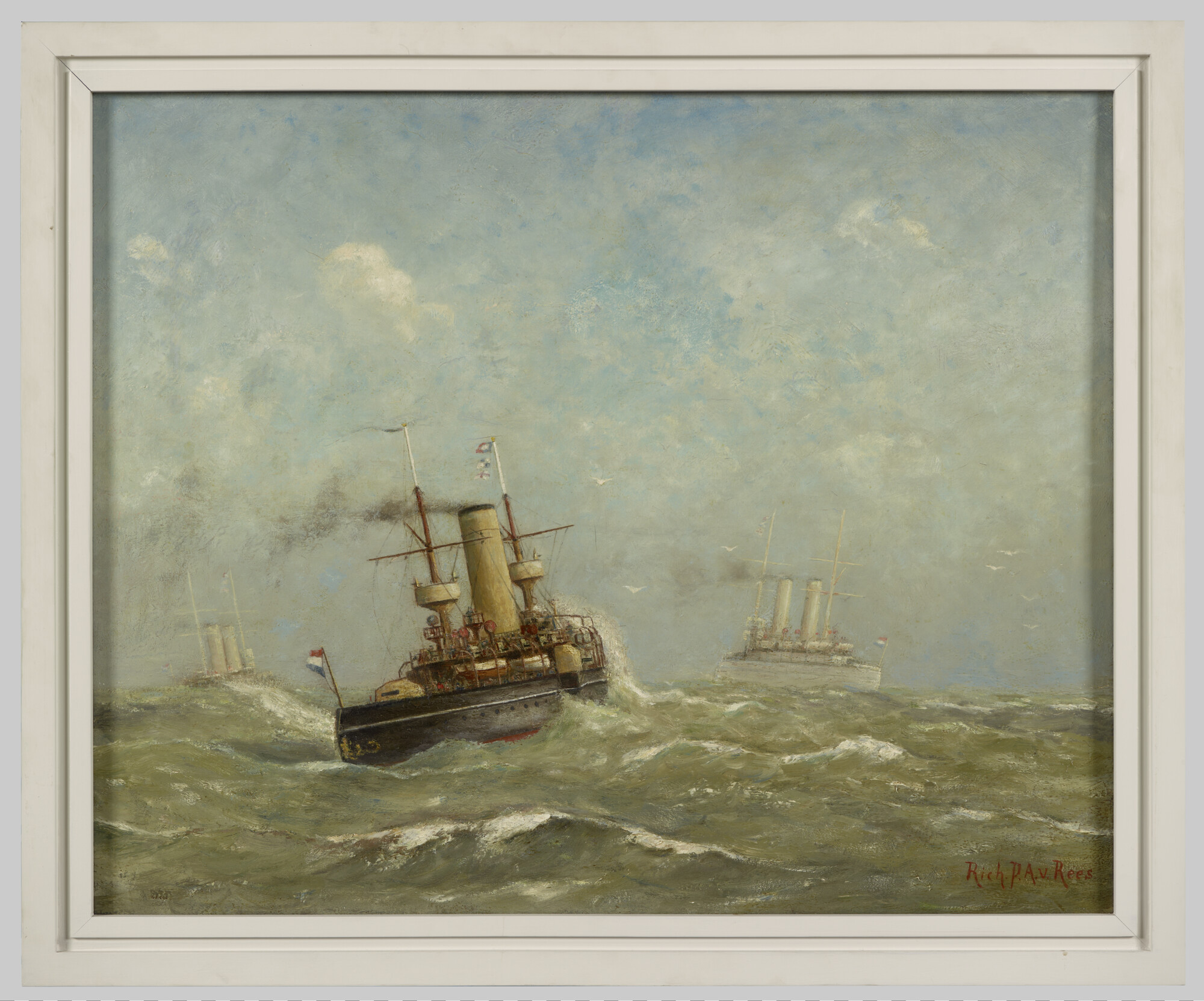 S.0150; Het pantserdekschip Hr.Ms. Kortenaer geëscorteerd door twee kruisers; schilderij