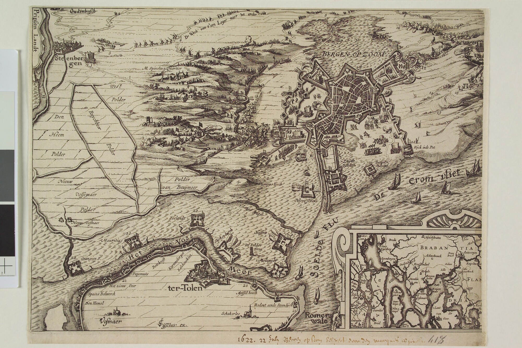 A.0145(027)385; Plan van Bergen op Zoom en omstreken, met het beleg van Spinola, 1622; prent