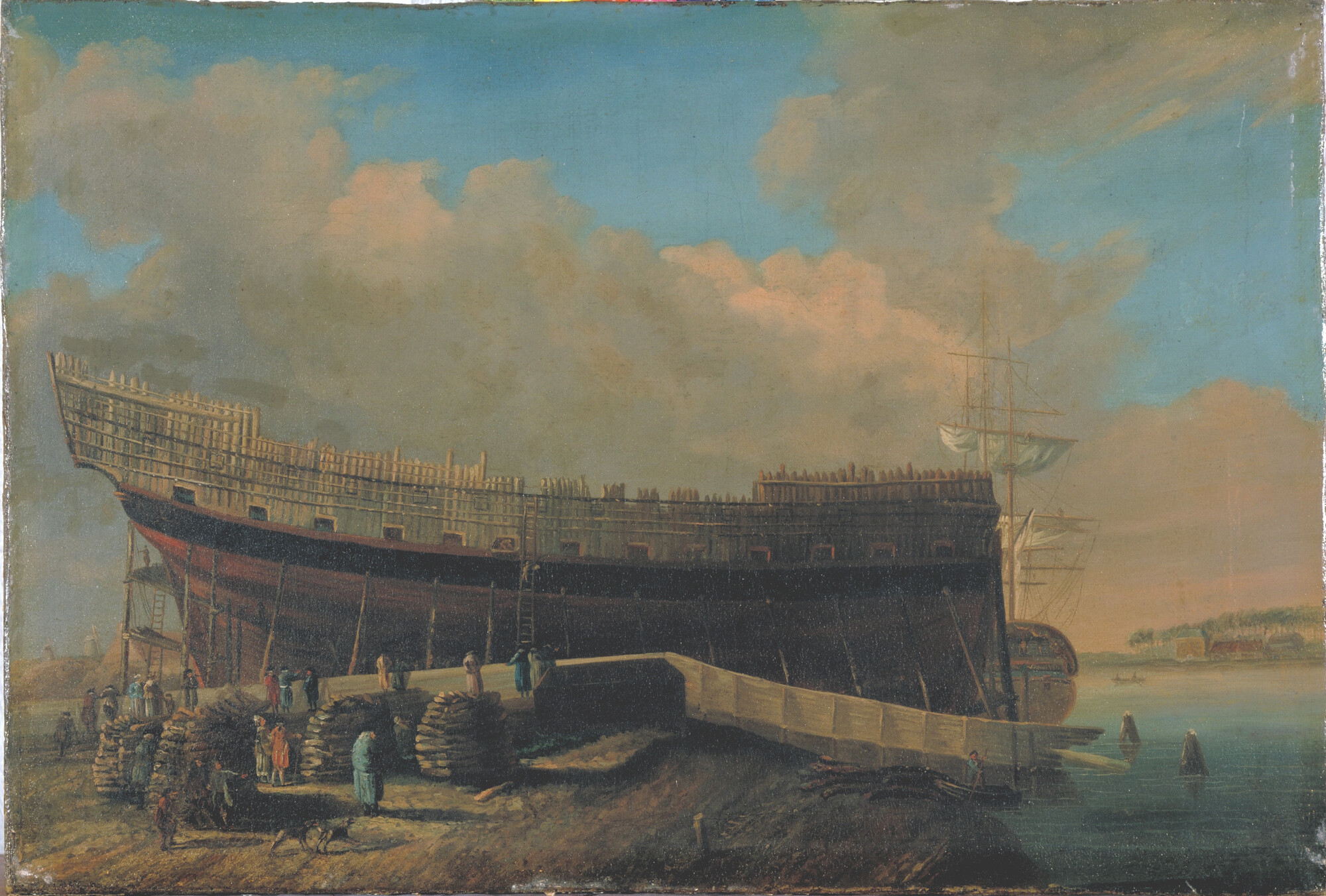 A.1057; Het oorlogsschip Hercules op stapel op de werf van J. Spaan te Dordrecht; schilderij