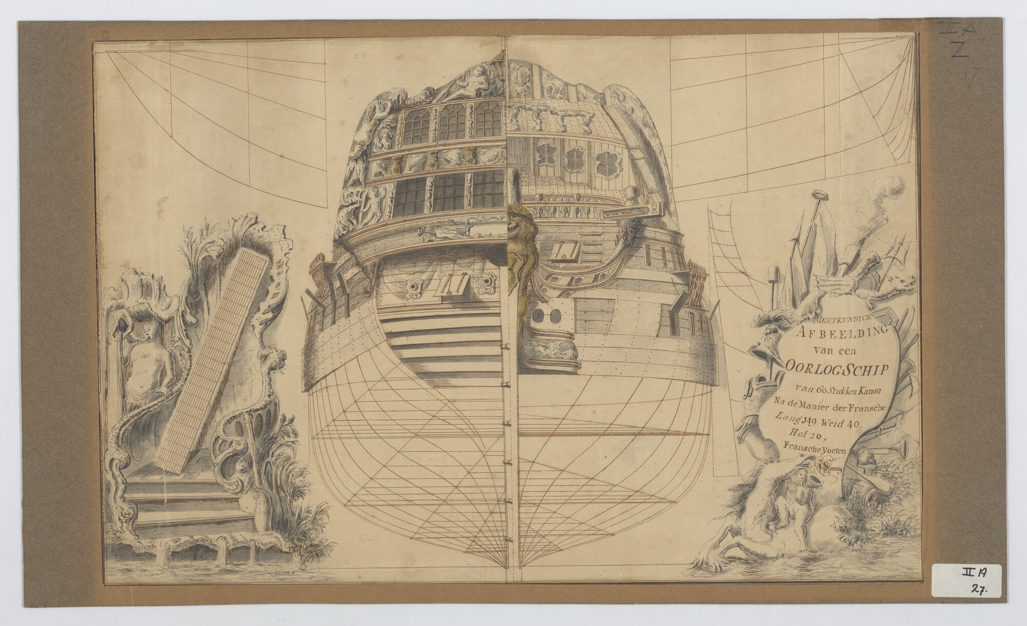 A.0132(02)19; Lijnenplan van een Frans oorlogsschip van 60 stukken; technische tekening