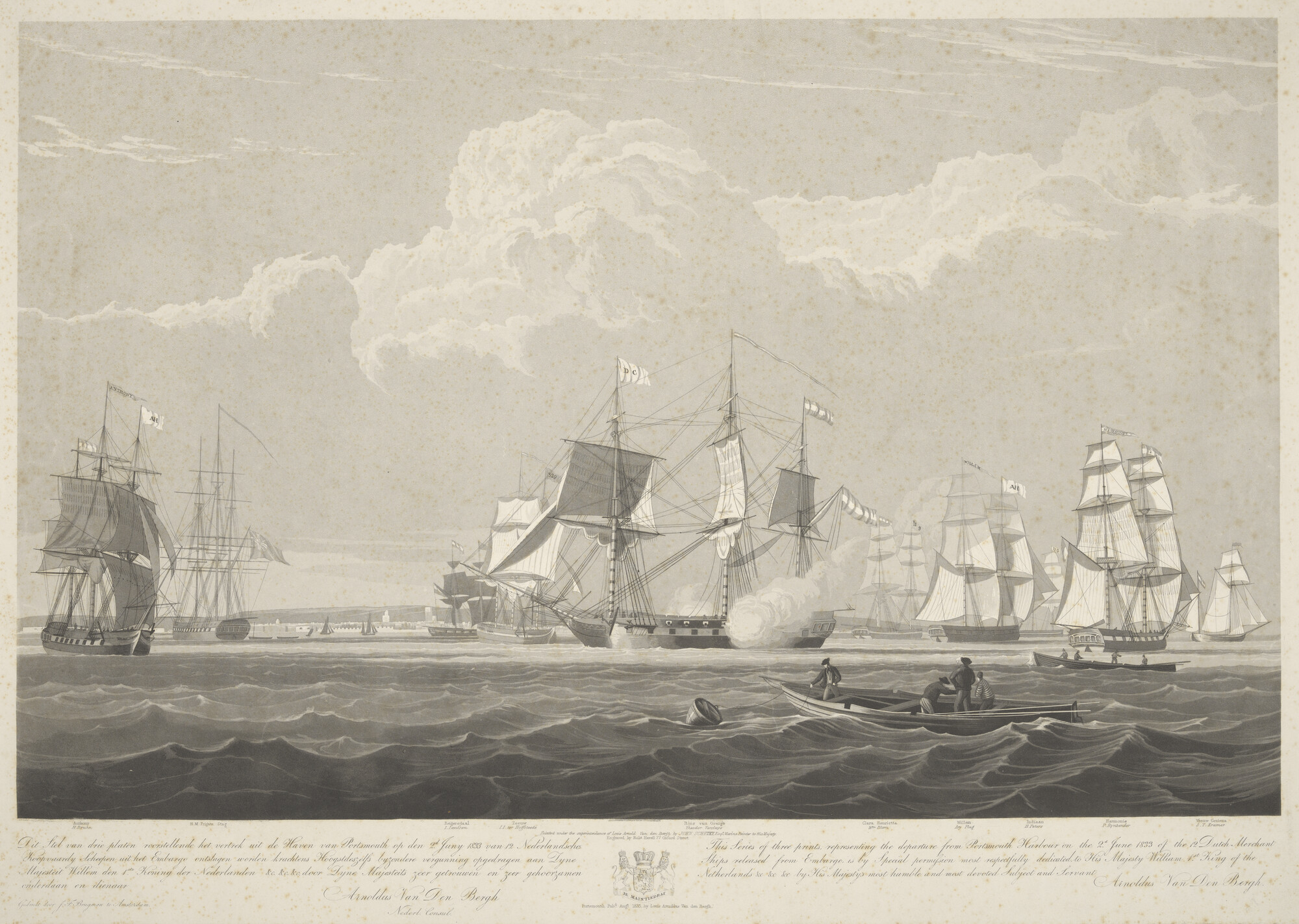 A.0145 [nr 0029]; Vertrek van 12 Nederlandse schepen uit Portsmouth na het opheffen van het embargo in 1833; prent