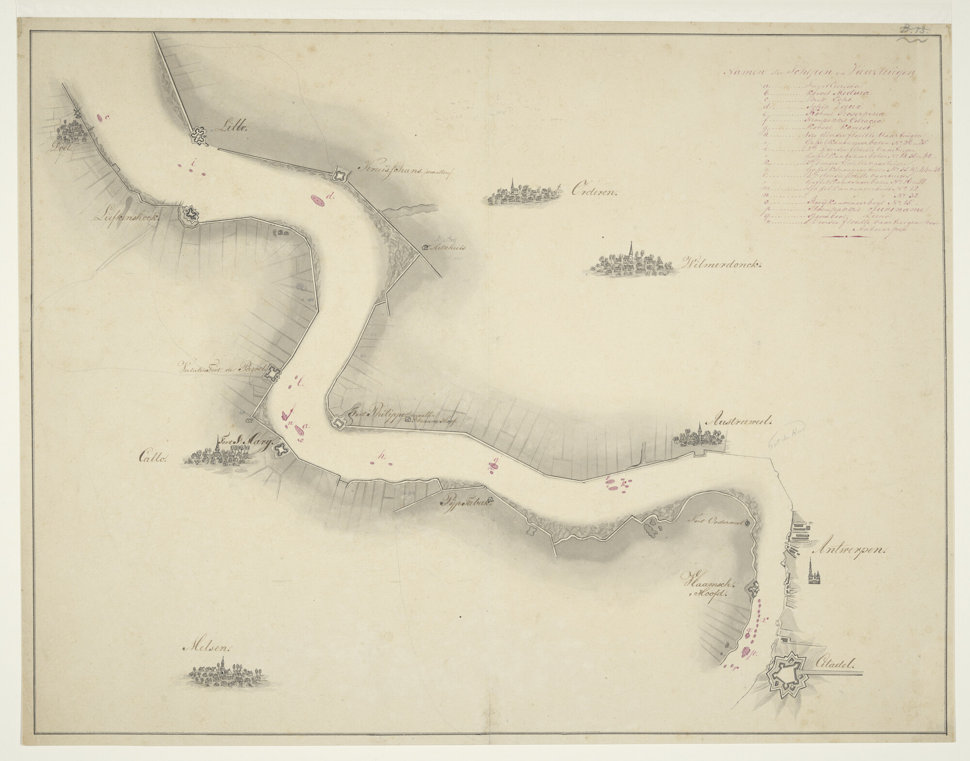 S.1277(03)[nr 0013]; Manuscriptkaart van de Schelde vanaf Doel tot aan de Citadel van Antwerpen; tekening