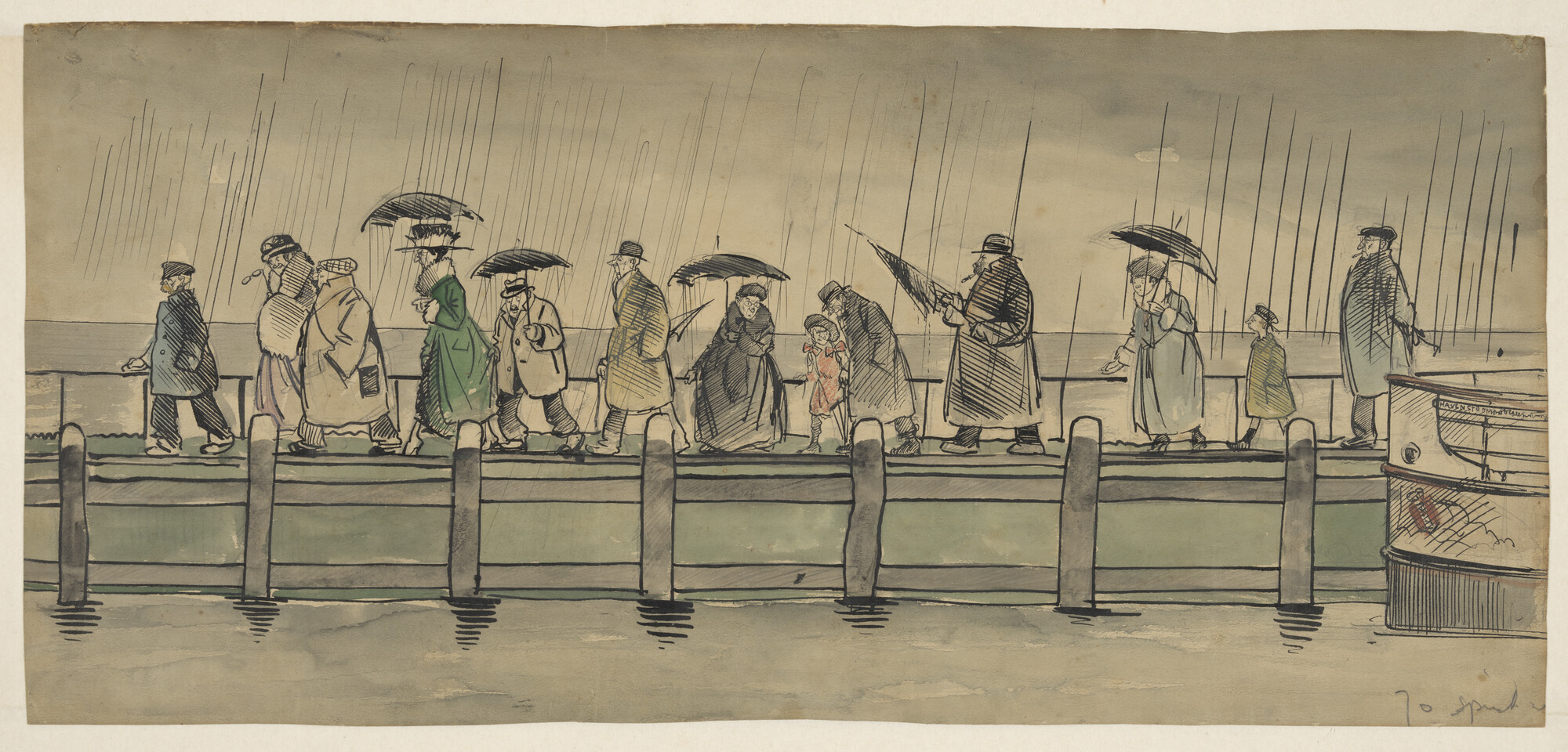 1989.1120; Passagiers op een steiger, omstreeks 1930; tekening