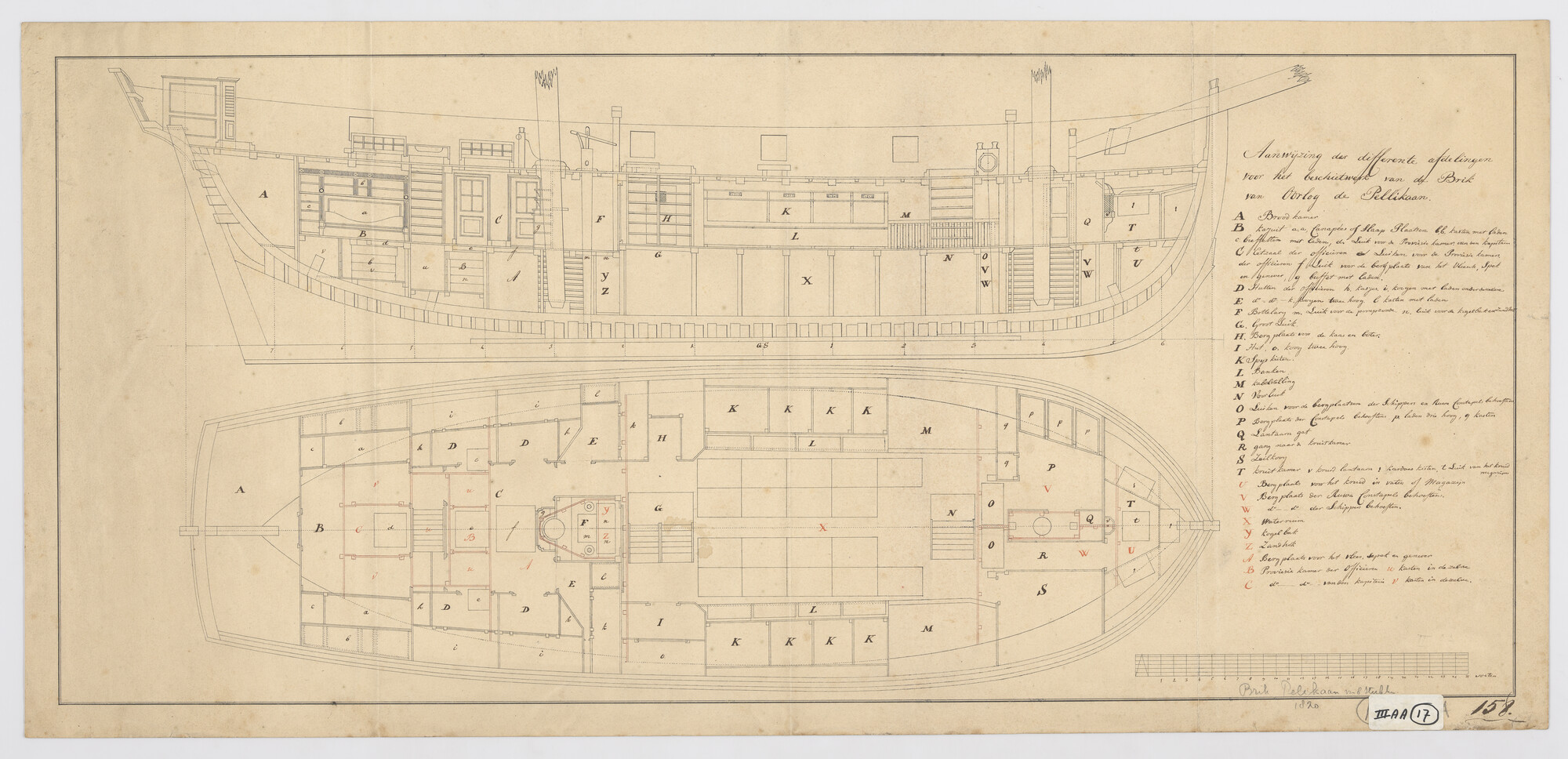 S.1214(0110); Indelingsplan van de brik  Zr.Ms. 'Pelikaan'; technische tekening