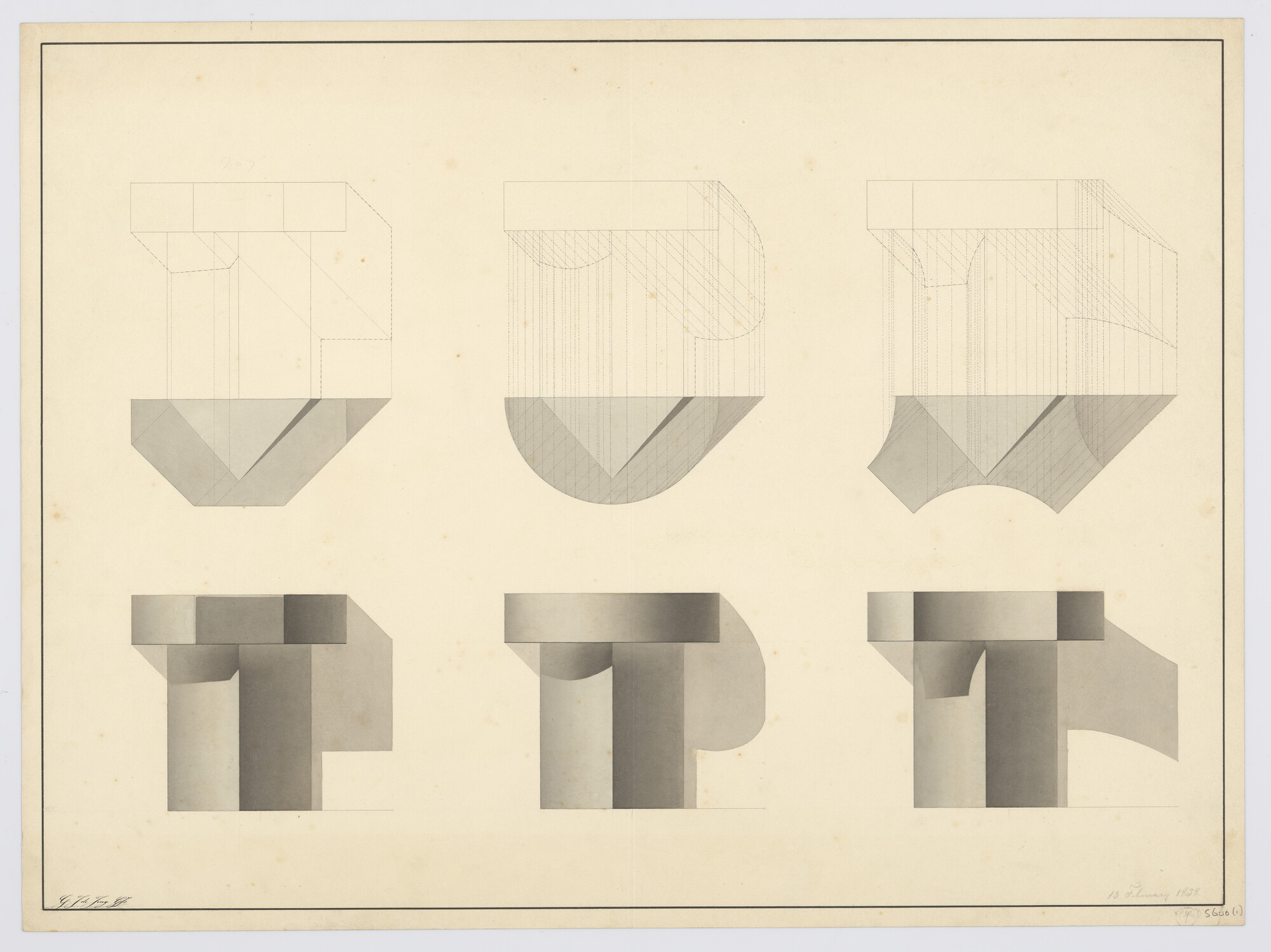 S.0600(01)145; perspectieftekening van een houtverbinding; technische tekening