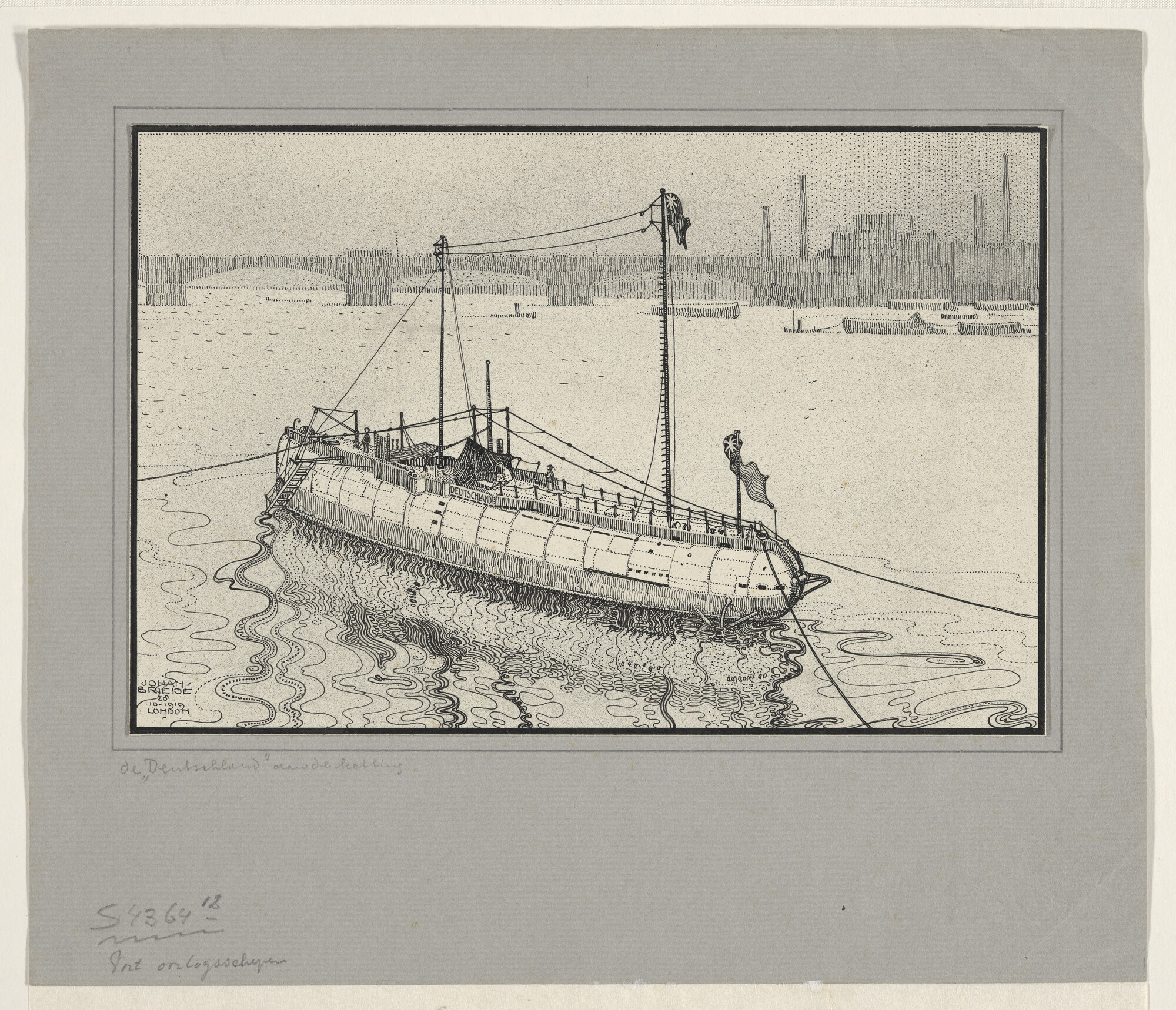 S.4364(12); De Duitse onderzeeboot 'Deutschland' aan de ketting op de Theems; tekening