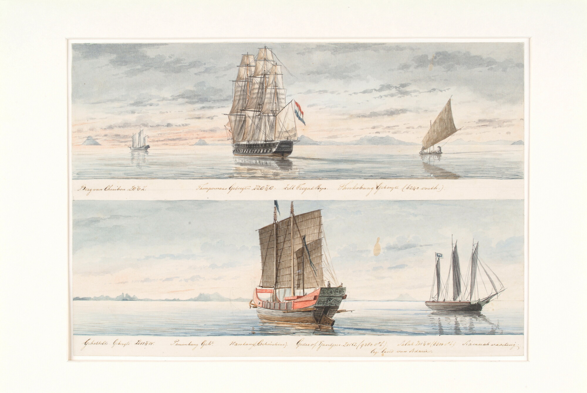 A.3504(03); Het fregat Zr.Ms. 'Rijn' voor de kust van Noord Java; tekening