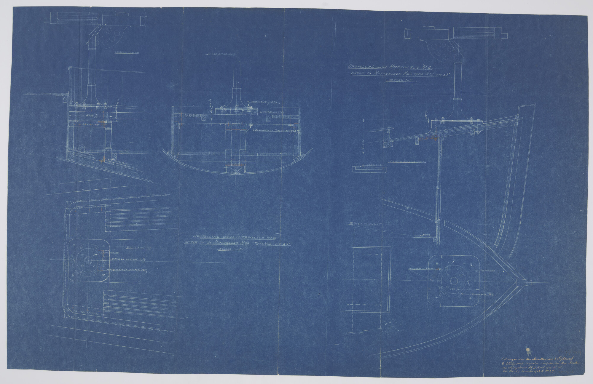 S.2175(4431); Opstelling mitrailleur nr 6 voorop en achterop de motorsloep M28 type M25 van 28 voet; technische tekening