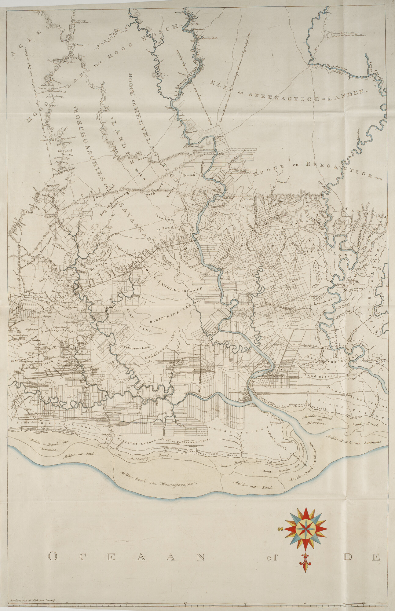 B.0032(109)4 [kaart 012]; Eén blad van een wandkaart van Suriname uitgegeven in acht bladen; kaart