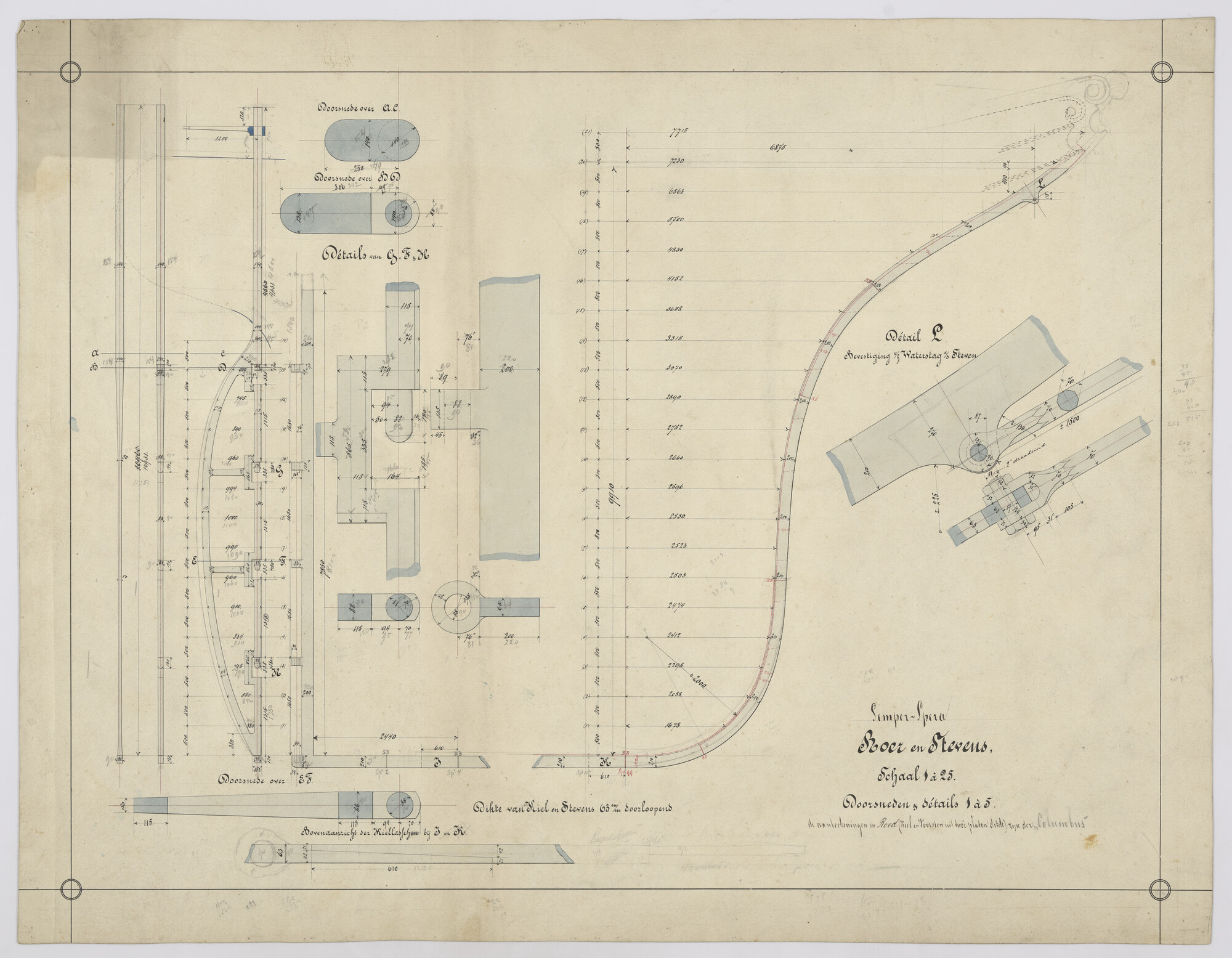 2013.0922; Constructie tekening van roer en stevens van het barkschip Semper Spera (Houd altijd Hoop) van 61.20 meter; technische tekening