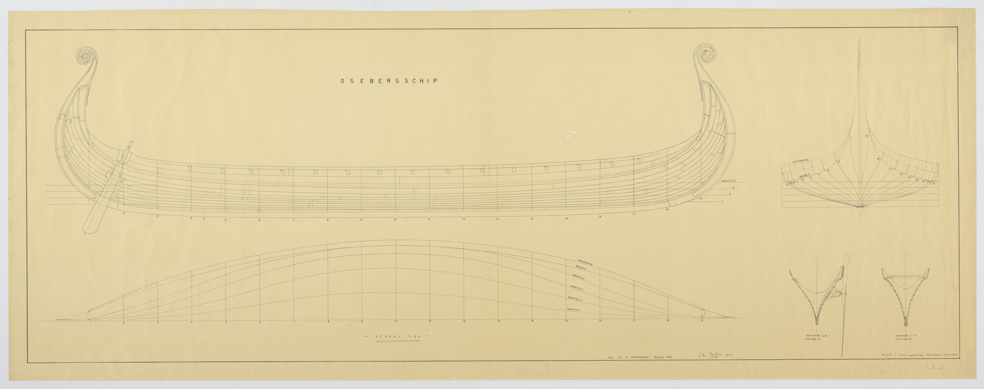 A.3154(01); Reconstructietekening van het 'Osebergschip'; technische tekening