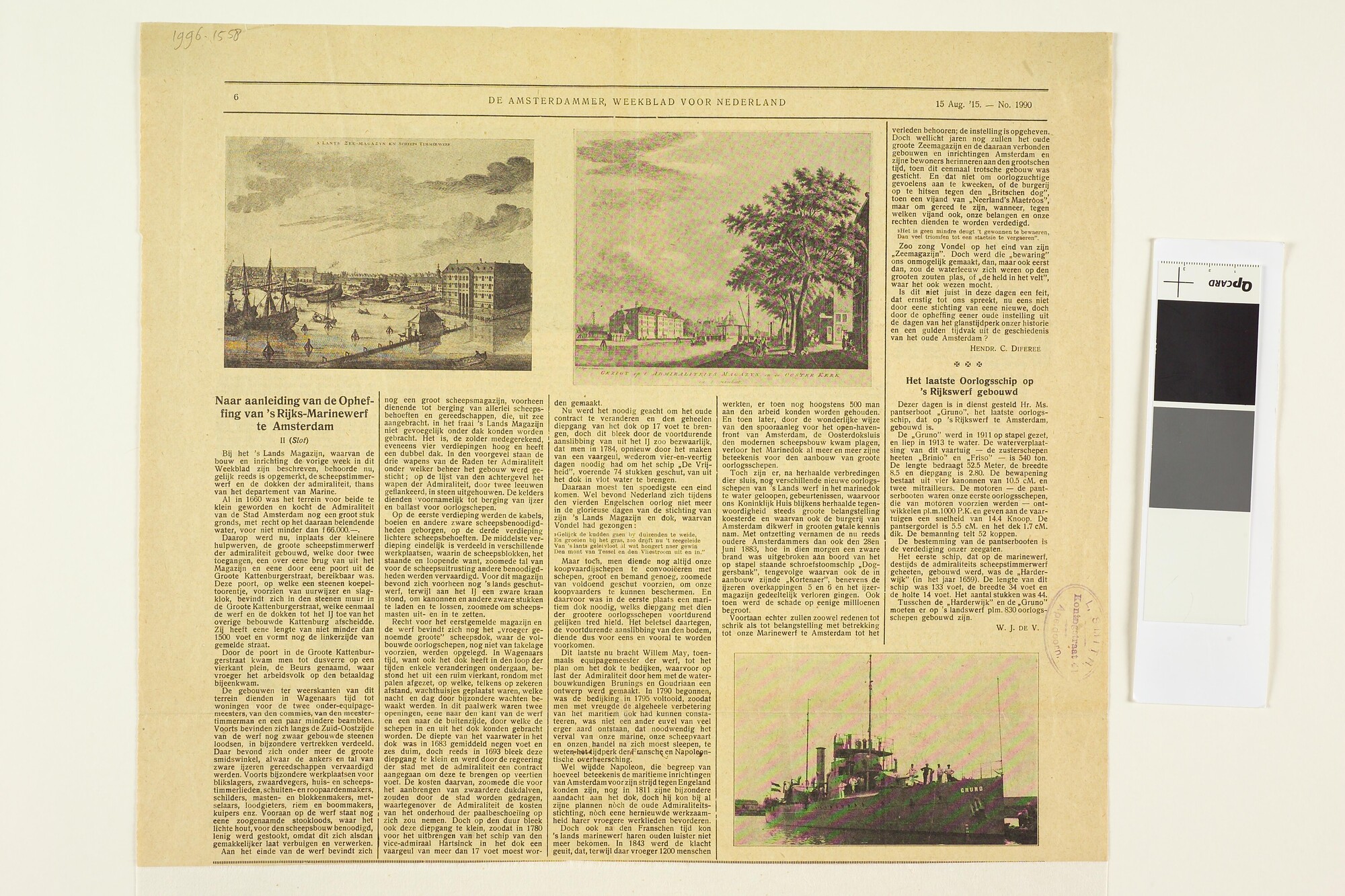 1996.1558; Artikel uit het weekblad De Amsterdammer over de geschiedenis van de Rijkswerf te Amsterdam; krantenknipsel