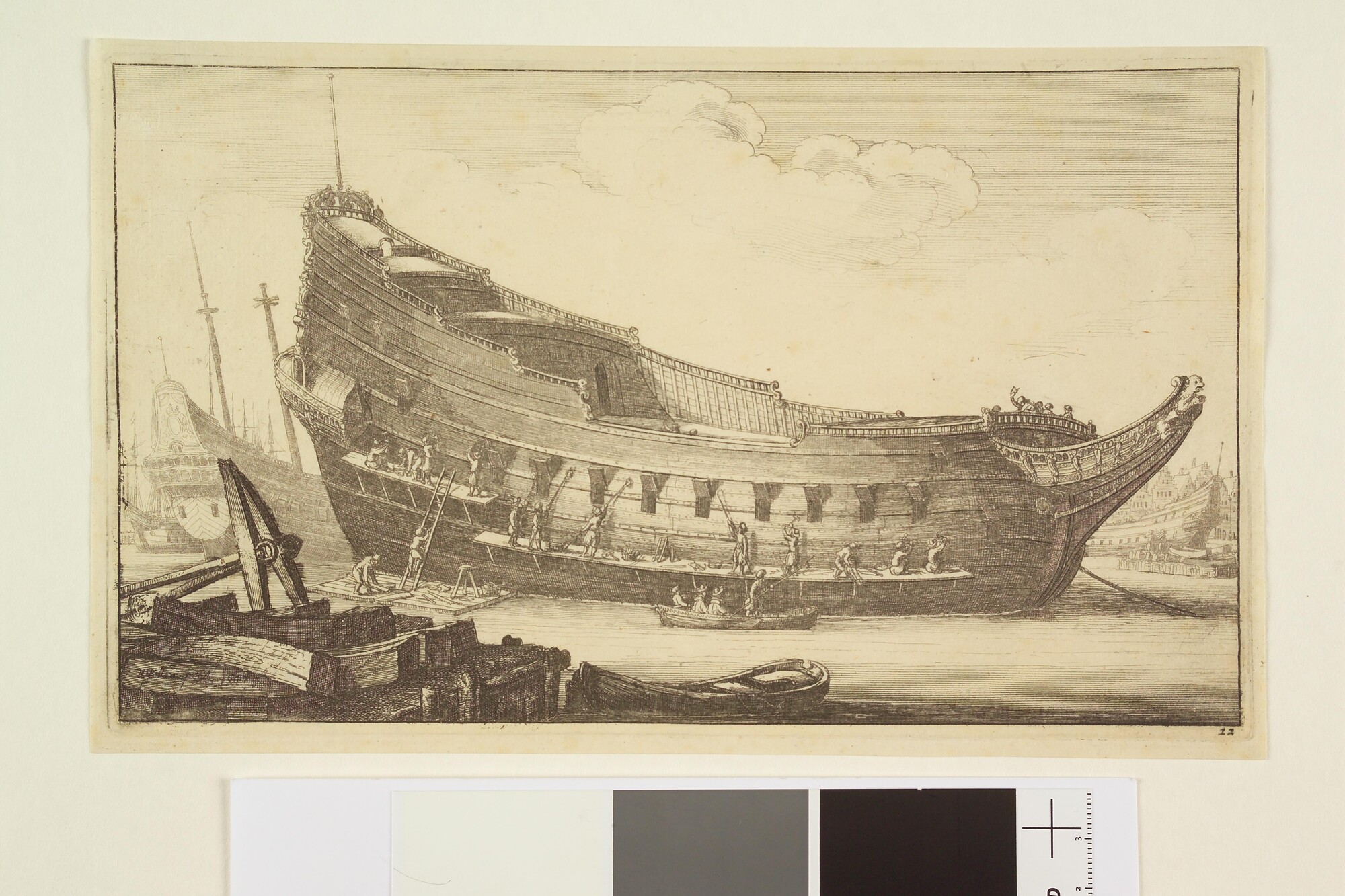 A.0149(0790); Bouw van een schip, slechts de romp is klaar; prent