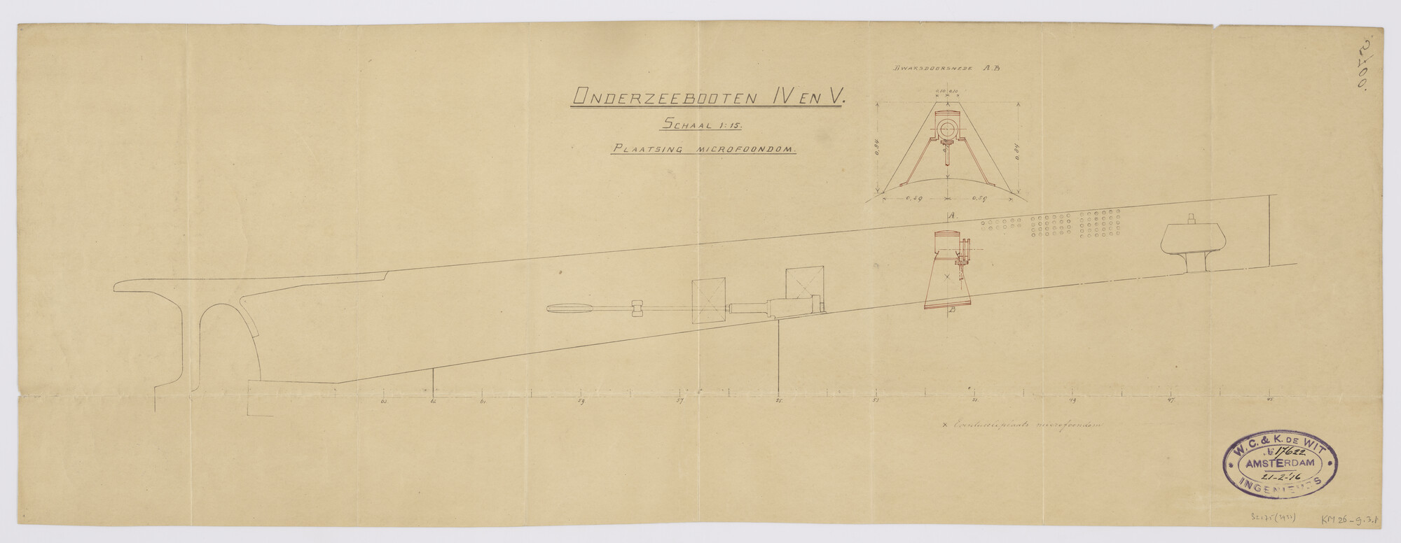S.2175(3933); Plaatsing microfoondom van de onderzeeboten Hr.Ms. 'K IV' en Hr.Ms. 'K V'.; technische tekening
