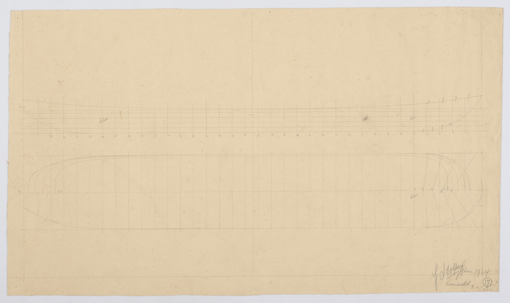 S.1225(03)15; Lijnentekening van een vlet of kagenaar, juni 1924; technische tekening