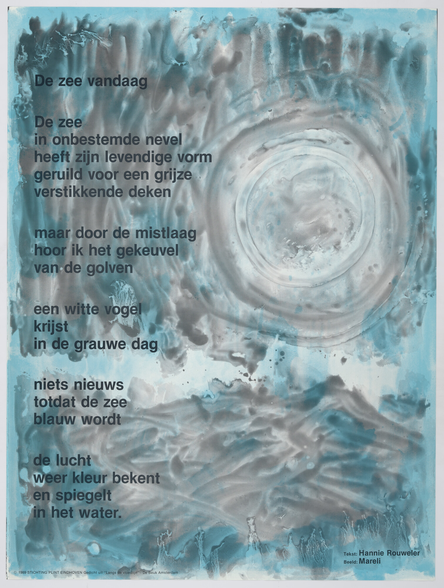 1994.5046; afbeelding met een gedicht uit: Langs de vloedlijn De zee vandaag [...]; affiche