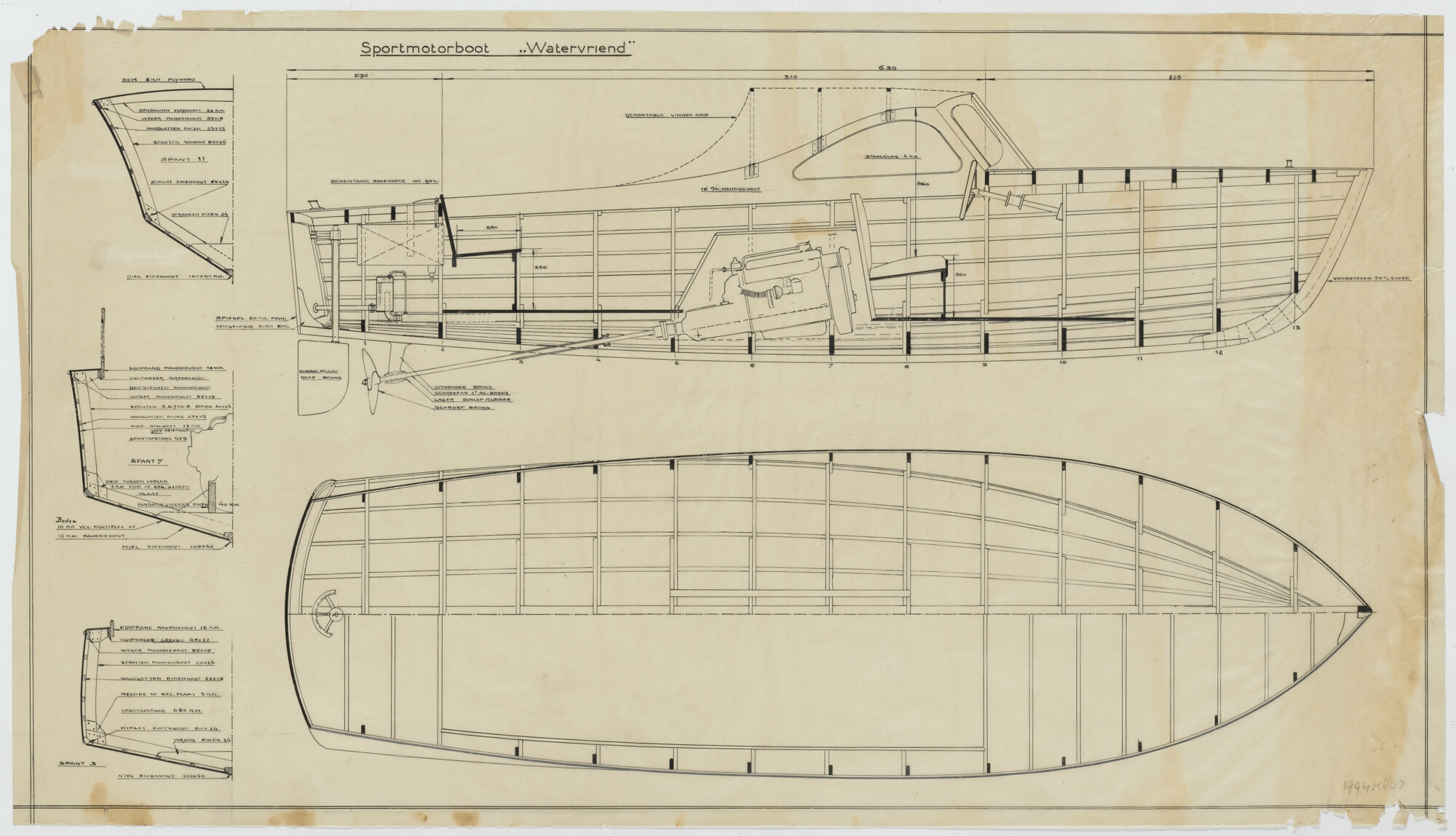 1994.4803; Constructieplan van de sportmotorboot Watervriend; technische tekening