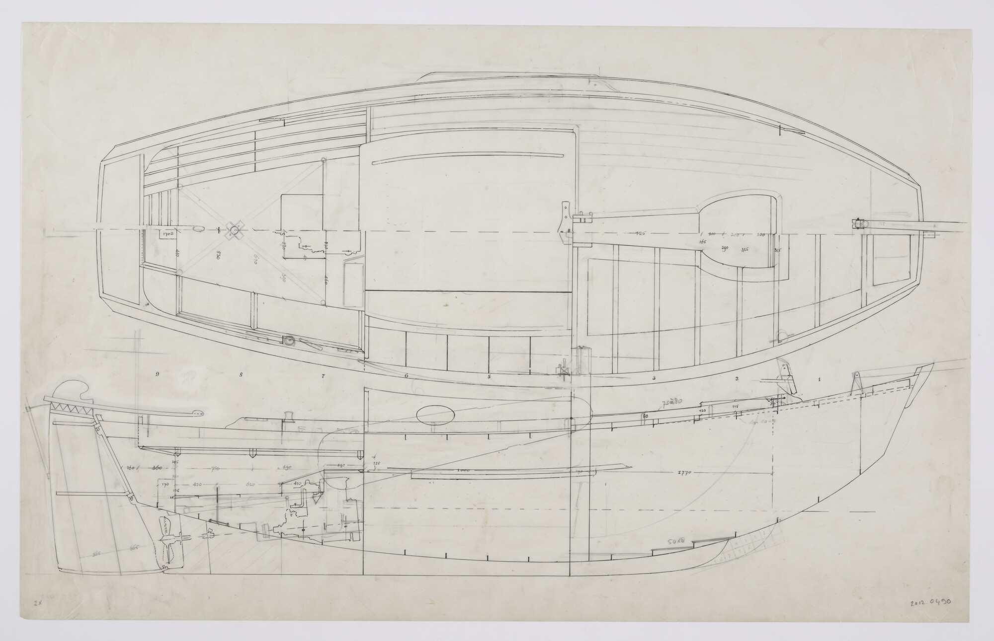 2012.0490; Constructieplan van een zeeschouw van 8.00 m; technische tekening