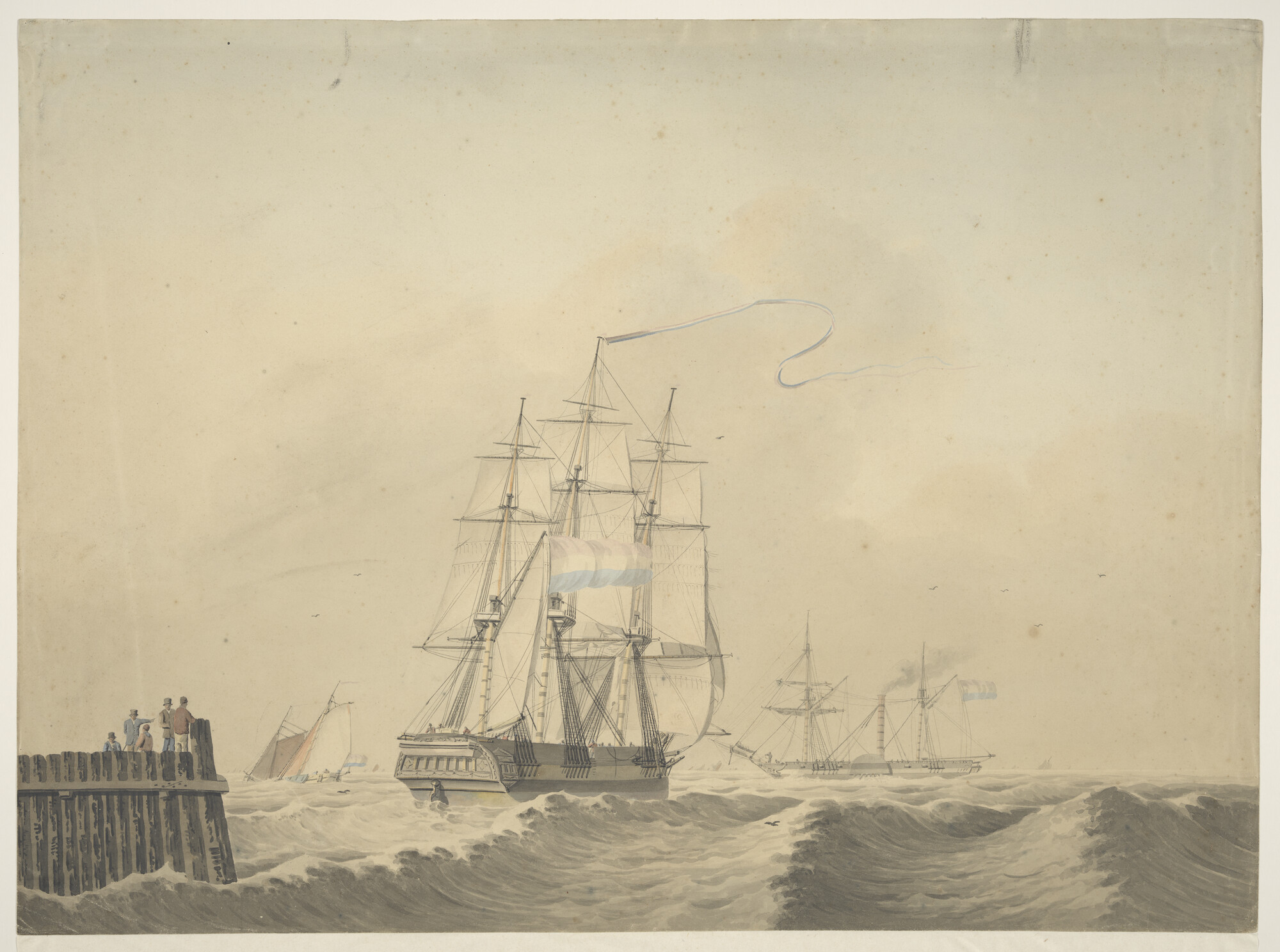 S.1156(04)2; Een koopvaardijfregat en een raderstoomschip; tekening