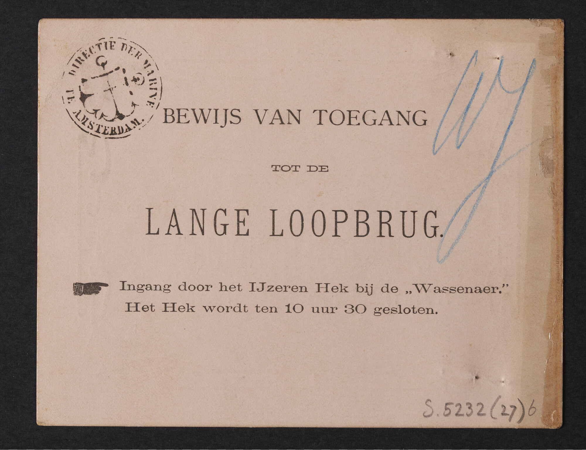 S.5232(27)6; Toegangsbewijs tot de tewaterlating van pantserschip Hr.Ms. Hertog Hendrik; toegangsbewijs