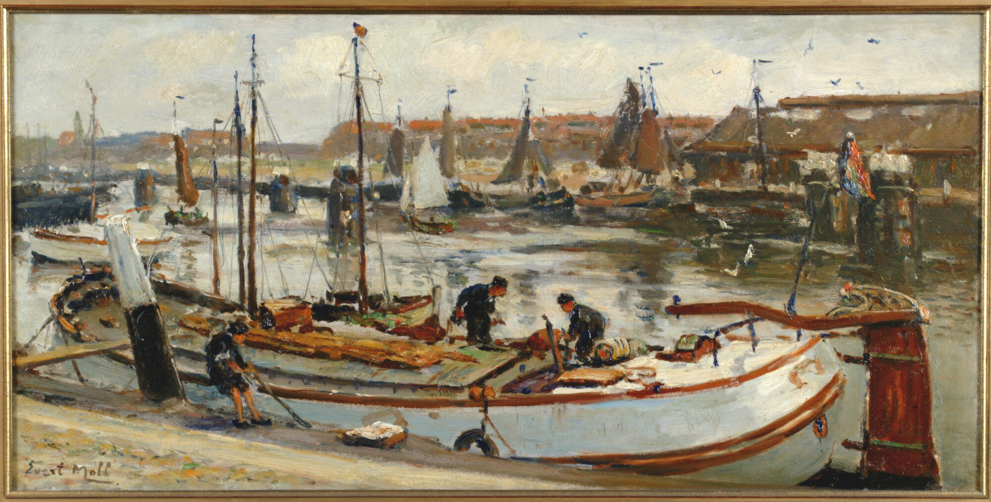 1994.2099; Afgetuigde tjalk aan de kade van de Tweede Binnenhaven van Scheveningen; schilderij