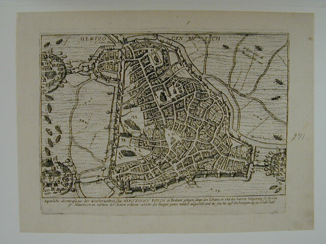A.0145(027)335; Plattegrond van 's-Hertogenbosch en de belegering door Maurits, 1 november 1601; prent