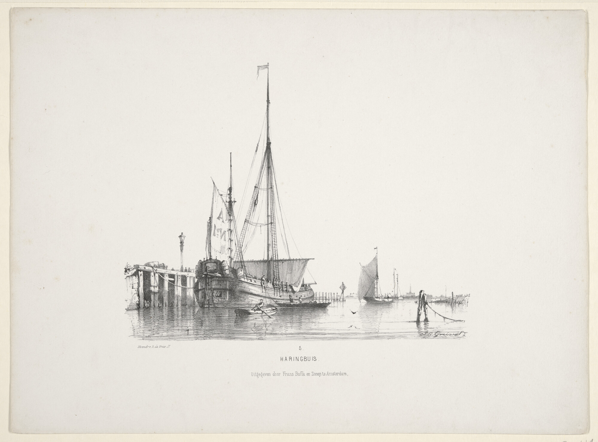 S.1330(05); Prentserie 'Studien van Hollandsche Schepen': een haringbuis aan de steiger; prent