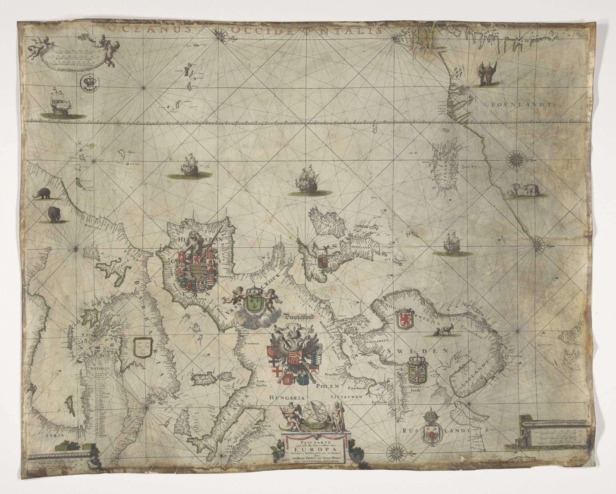 S.0860(03); Met de hand gekleurde, gedrukte Europese paskaart door Willem, Pieter & Joan Blaeu; perkamentkaart