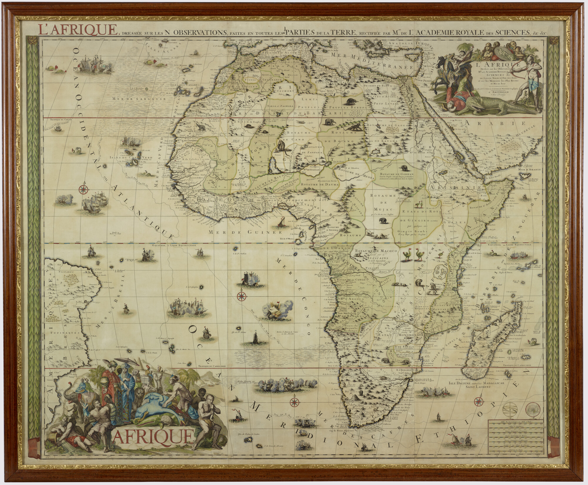 S.1179(05); Met de hand gekleurde kaart van Afrika naar gegevens van Nicolaas Witsen, Nicolas Sanson (1600-1667) en Guillaume l'Isle; wandkaart