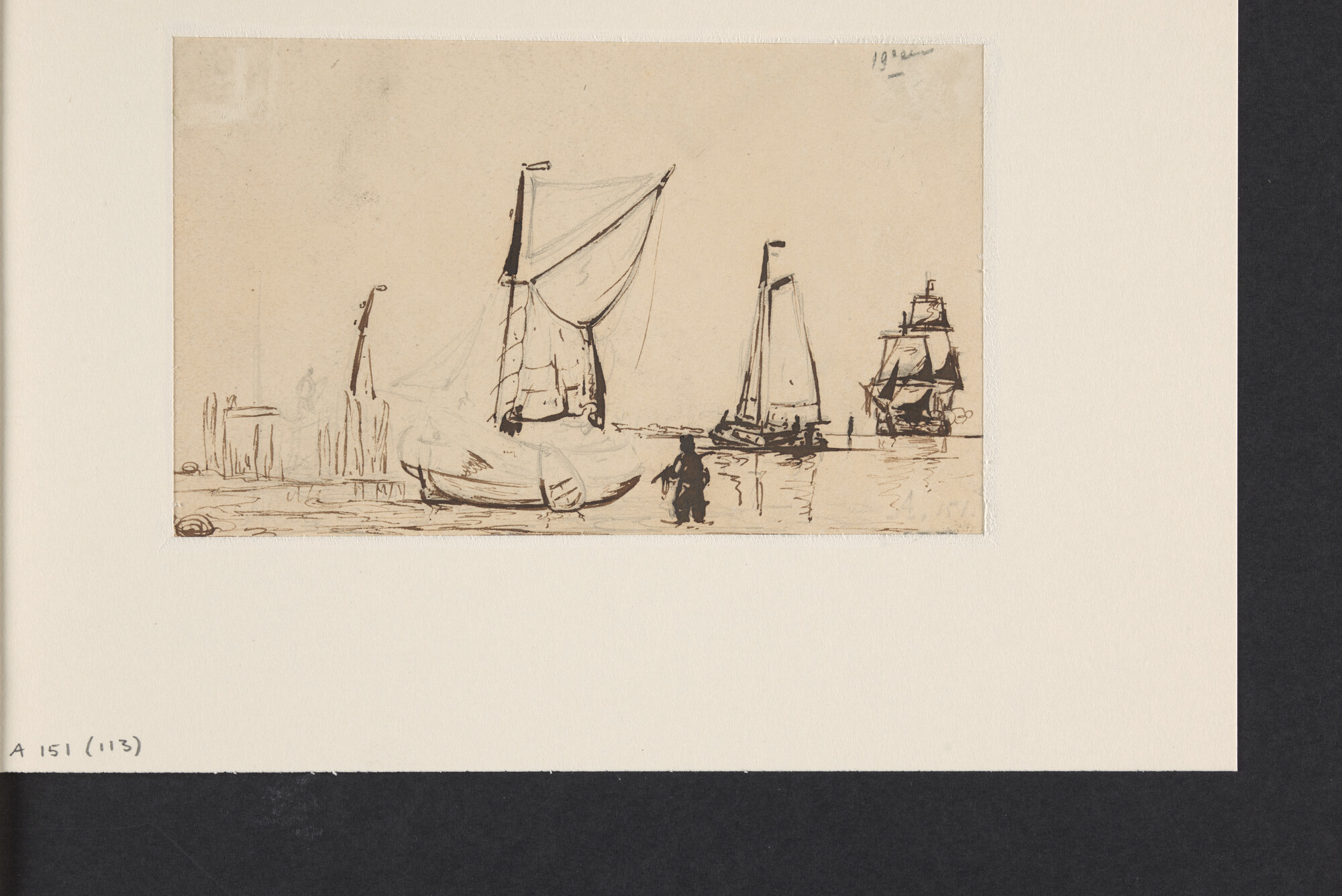 A.0151(113); Gaffelschip nabij een havenhoofd en verso een getijhaven; tekening