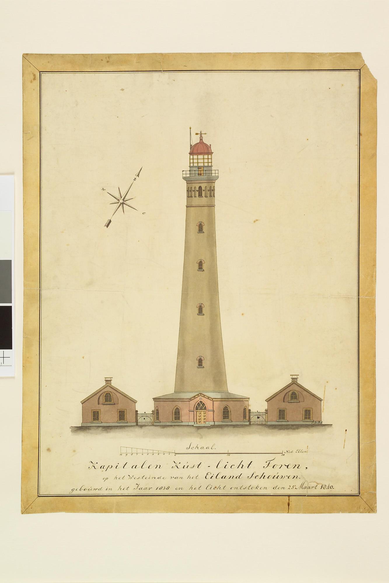 S.4459; De vuurtoren van Nieuw Haamstede op het eiland West Schouwen, omsteeks 1840; tekening