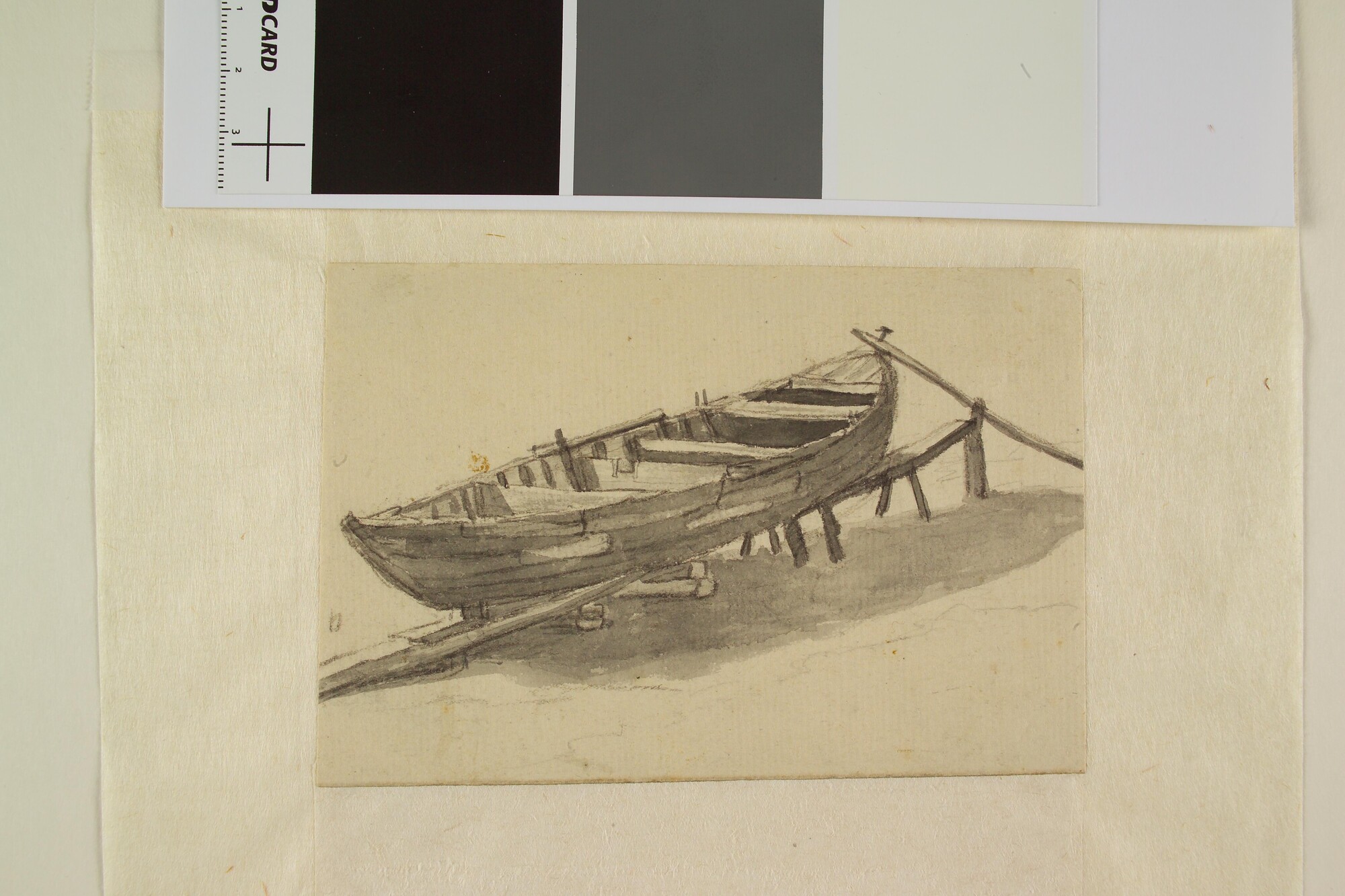 A.0149(0485); Een roeiboot op een sleephelling; tekening