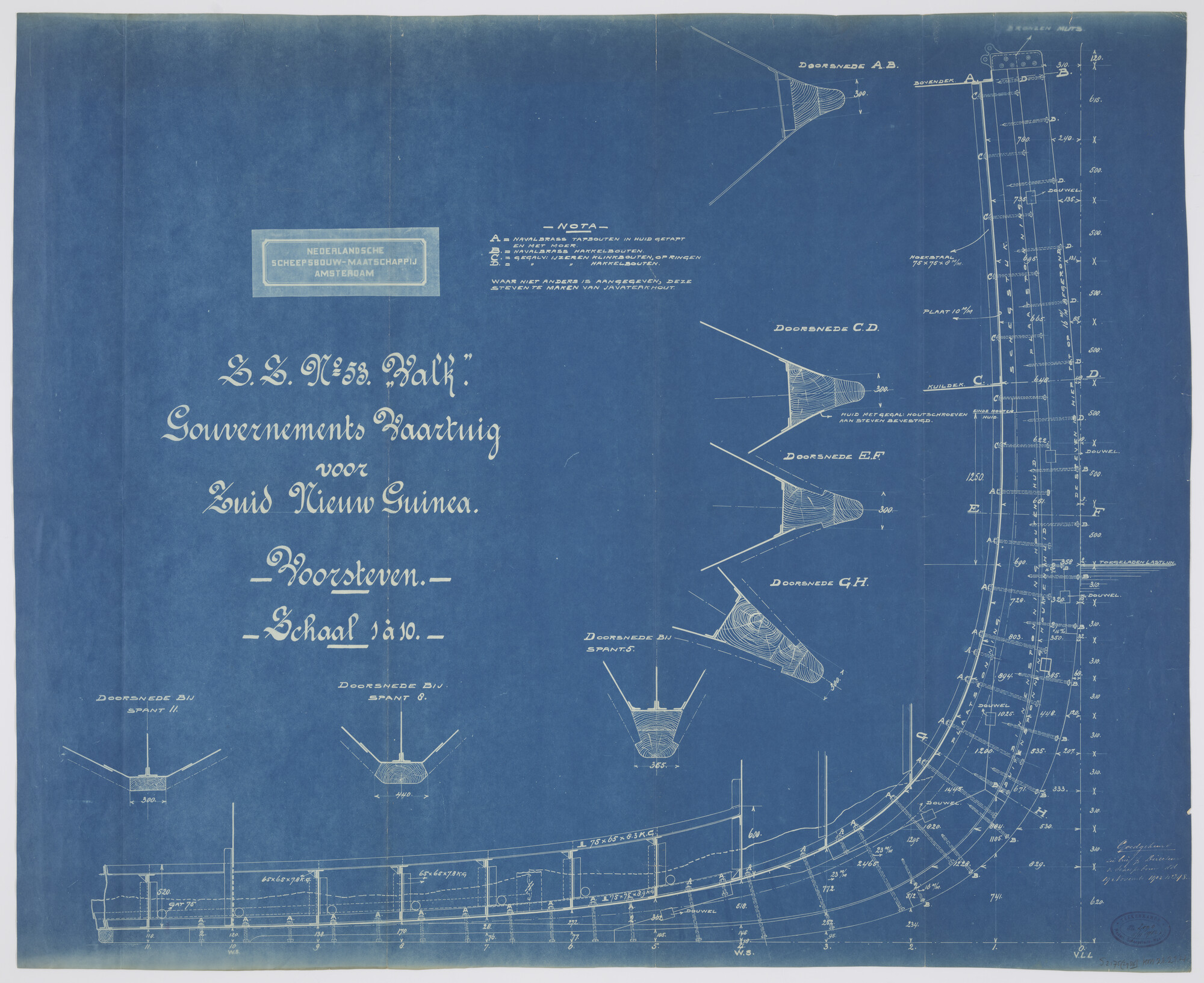 S.2175(2986); Langsscheepse doorsnede van de voorsteven van het stoomschip voor de gouvernementsmarine Hr.Ms. 'Valk' (II) (gouvernementsvaartuig voor Zuid Nieuw-Guinea); technische tekening