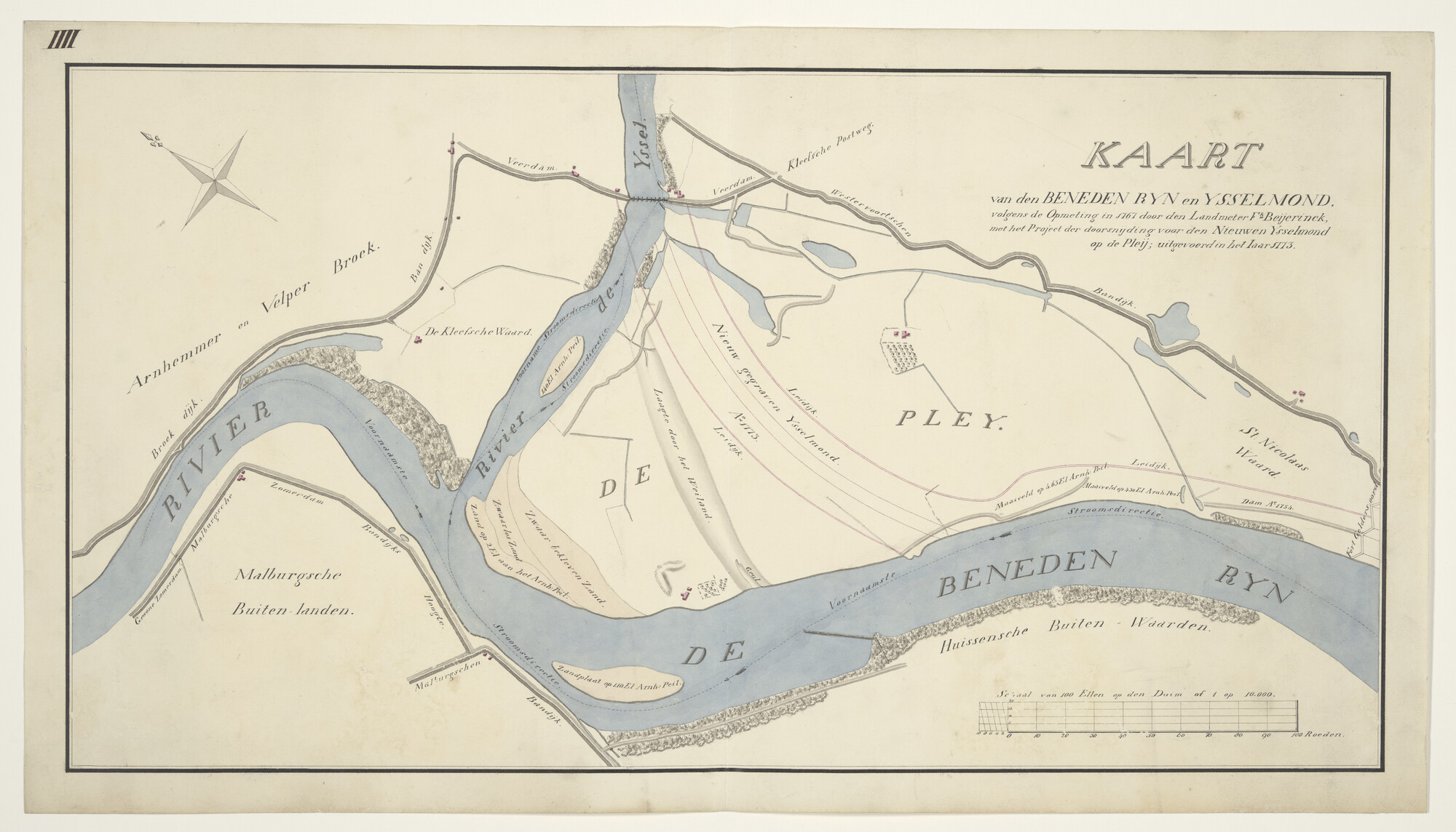 S.3380(10); Gekleurde handschriftkaart van de beneden Rijn en IJsselmonde; rivierkaart