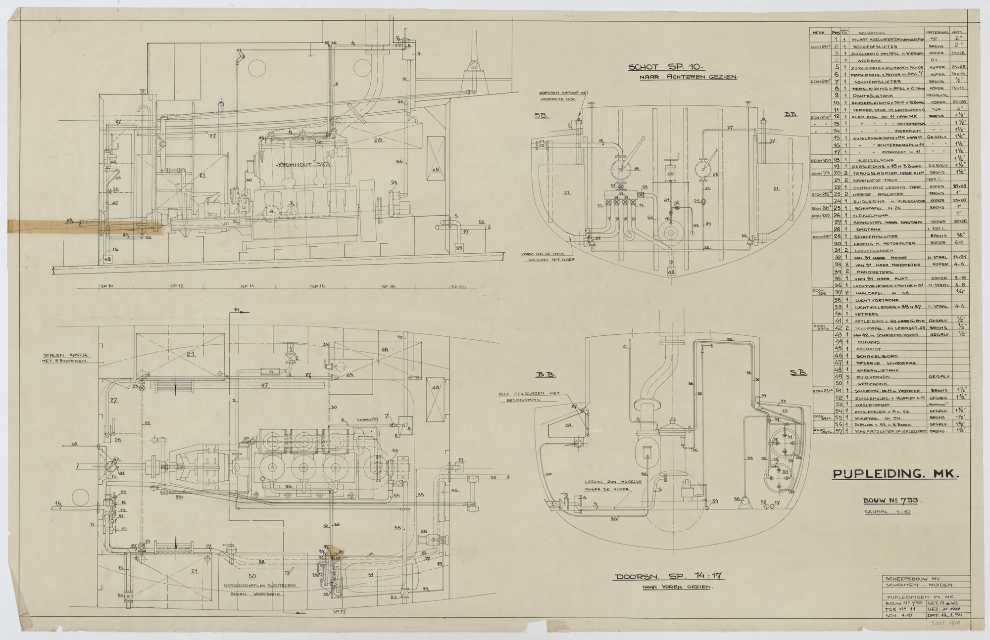 2005.1910; Indeling van de motorkamer met pijpleidingen van een motorsleepboot; technische tekening