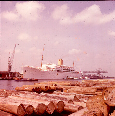 S.9100(0040); De Coenhaven te Amsterdam, met boomstammen op voorgrond; diapositief